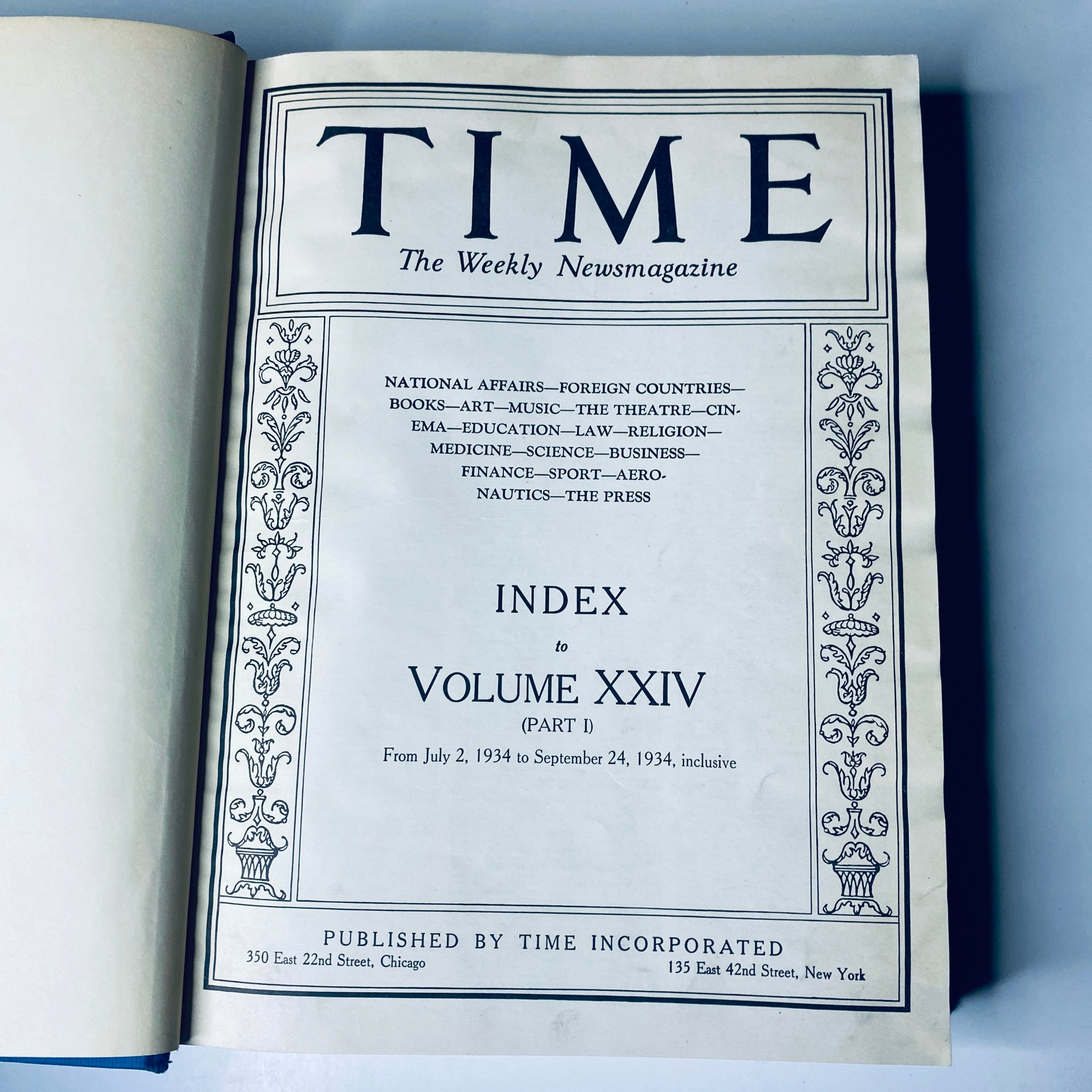 Cover page of Time Magazine indexed from July 2 to September 24, 1934, featuring the volume title 'Time Magazine Library Bound July 2- September 24, 1934 Riza Shah Pahlevi Persia'.