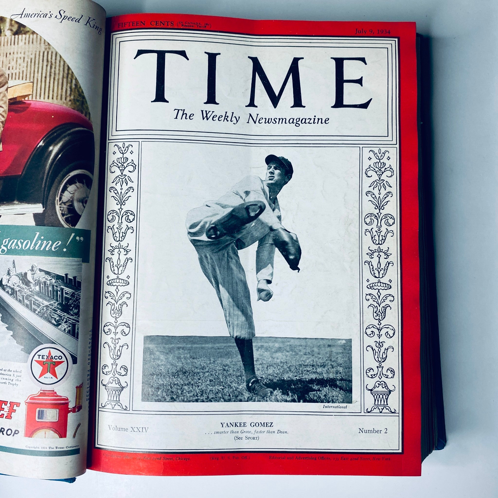 July 9, 1934, edition of Time Magazine featuring pitcher Yankee Gomez, part of the volume 'Time Magazine Library Bound July 2- September 24, 1934 Riza Shah Pahlevi Persia'.