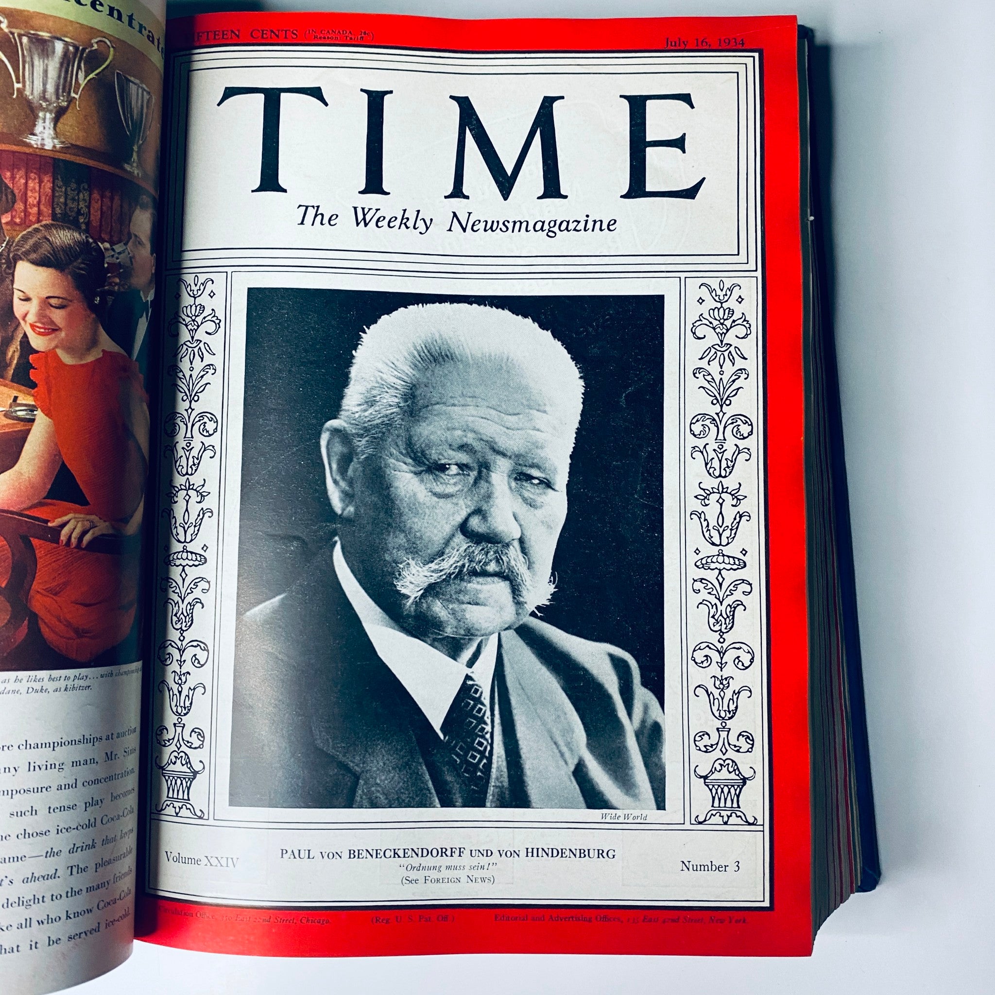 July 16, 1934, edition of Time Magazine showcasing Paul von Beneckendorff und von Hindenburg, as highlighted in the volume 'Time Magazine Library Bound July 2- September 24, 1934 Riza Shah Pahlevi Persia'.