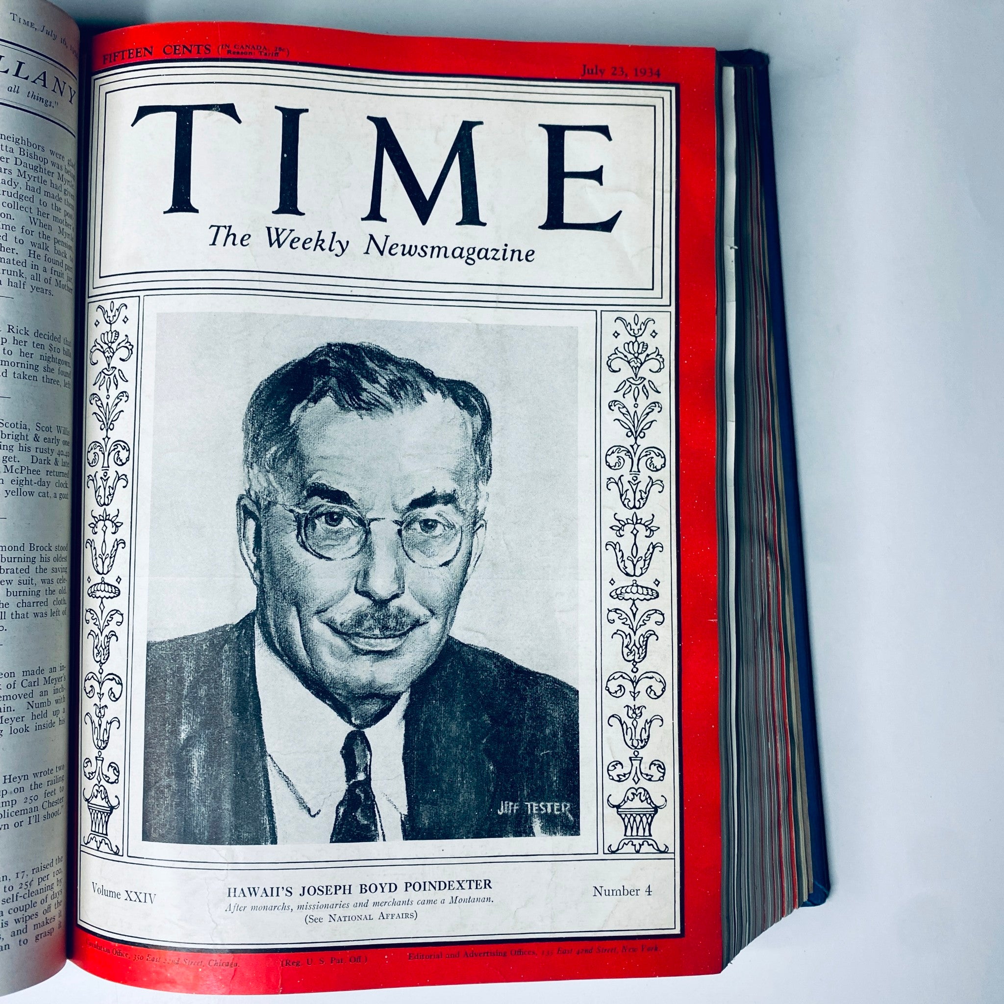 July 23, 1934, edition of Time Magazine with an image of Hawaii's Joseph Boyd Poindexter, included in the series 'Time Magazine Library Bound July 2- September 24, 1934 Riza Shah Pahlevi Persia'.