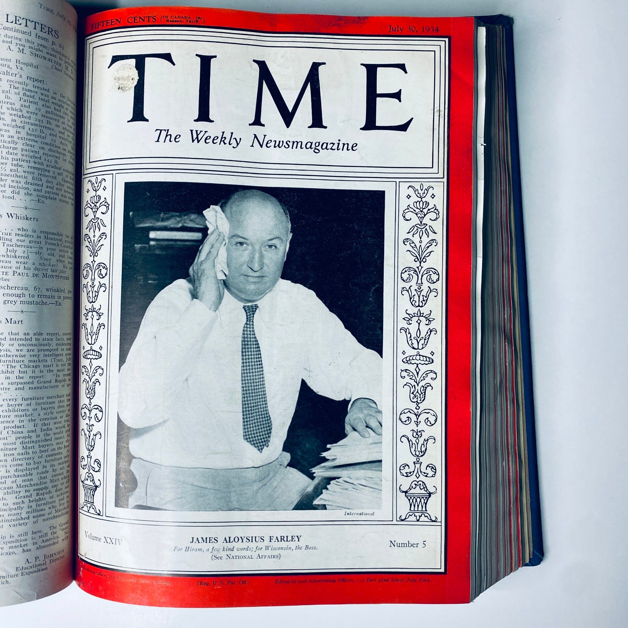 July 30, 1934, cover of Time Magazine featuring James Aloysius Farley, a part of the collection 'Time Magazine Library Bound July 2- September 24, 1934 Riza Shah Pahlevi Persia'.
