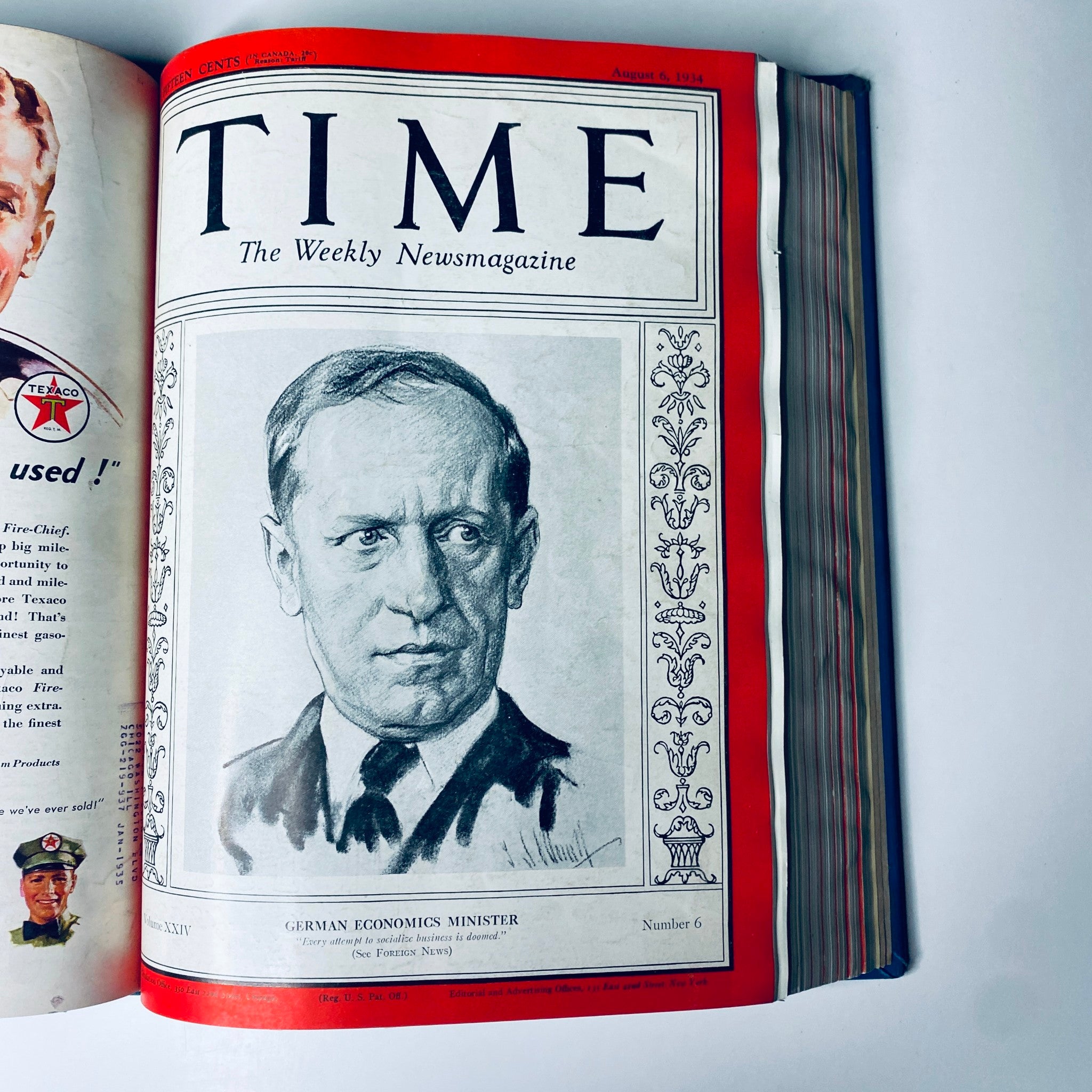 Time Magazine cover from August 6, 1934, featuring a portrait of the German Economics Minister. Title: Time Magazine Library Bound July 2- September 24, 1934 Riza Shah Pahlevi Persia.