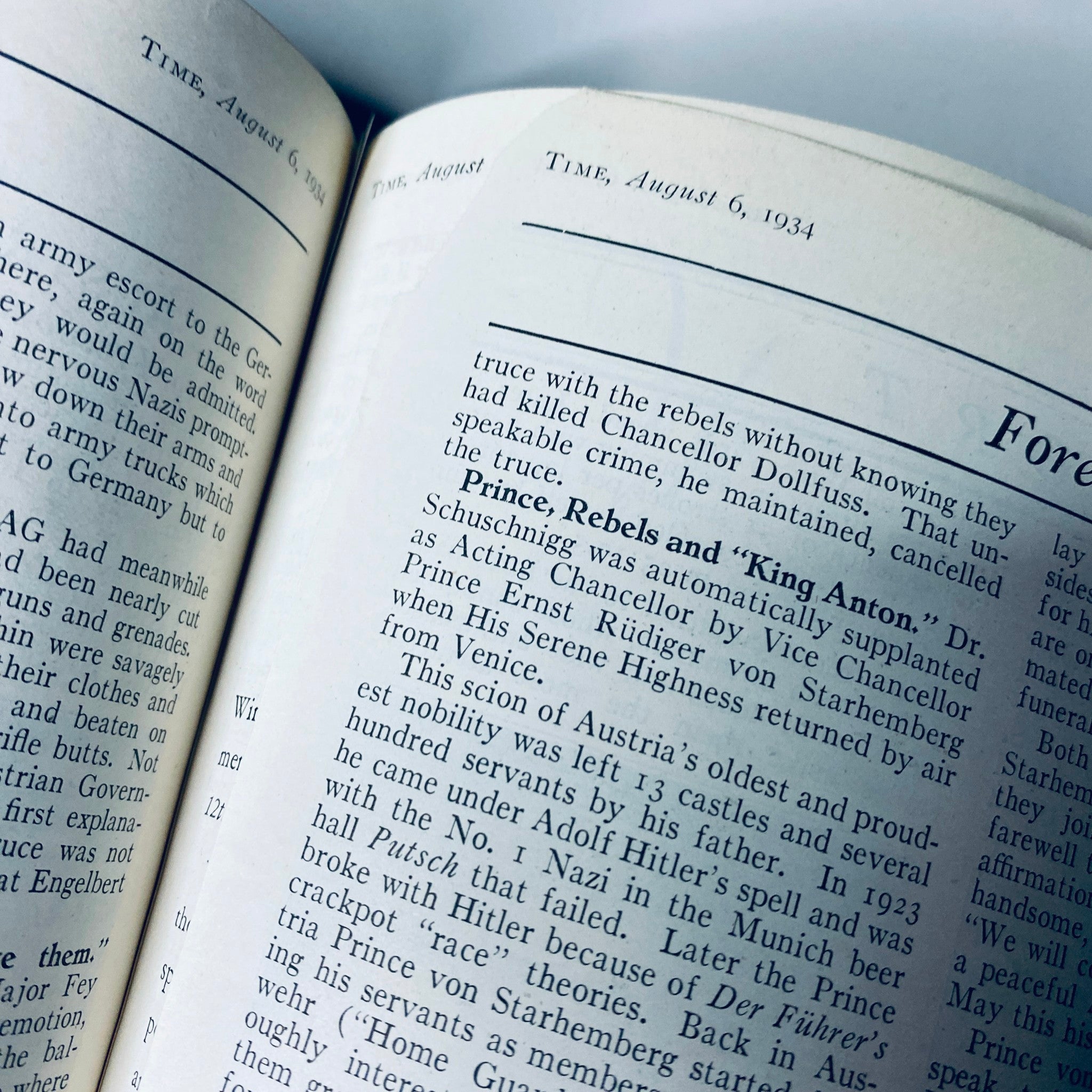 An interior page from Time Magazine dated August 6, 1934, detailing political events involving Prince Schuschnigg. Title: Time Magazine Library Bound July 2- September 24, 1934 Riza Shah Pahlevi Persia.