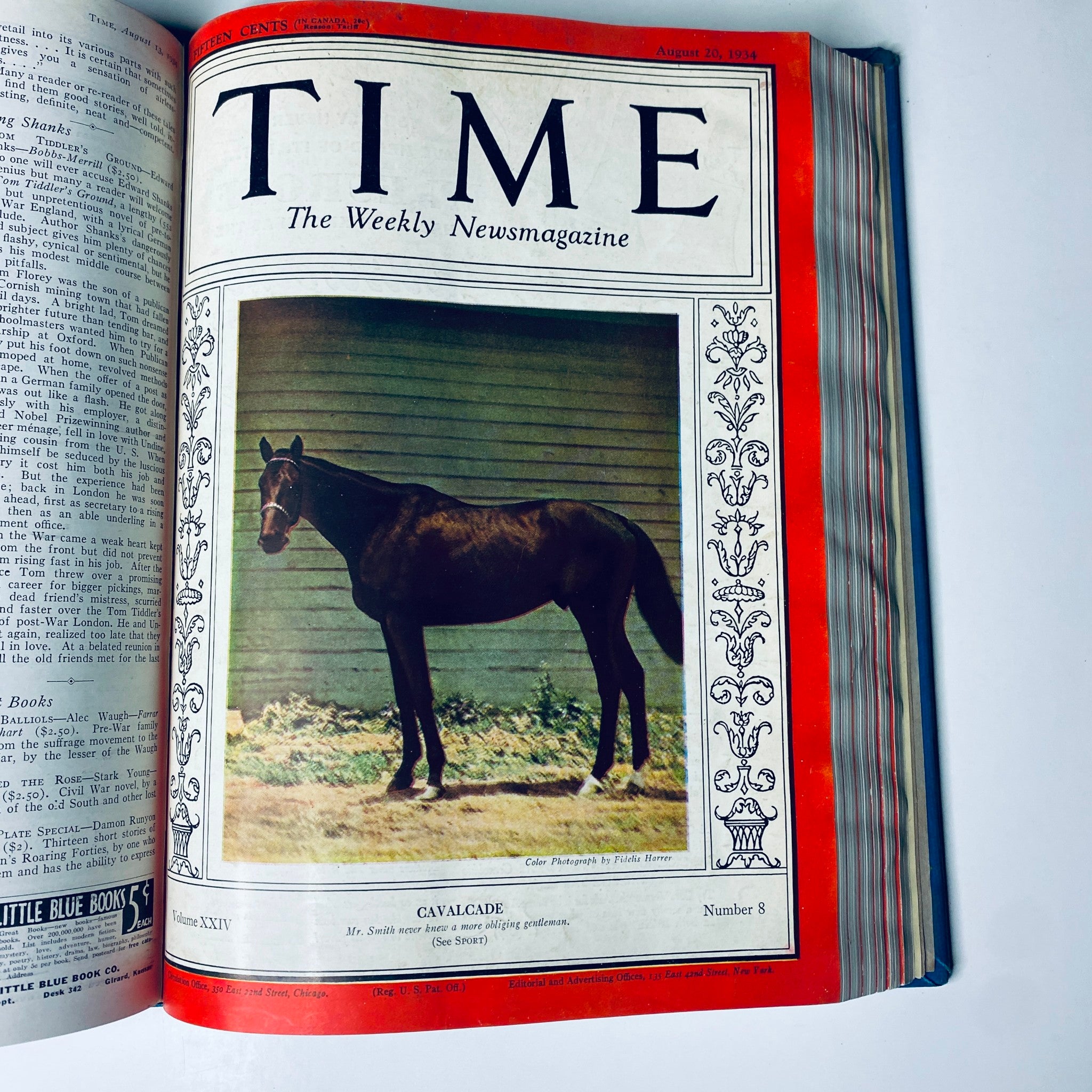 Time Magazine cover from August 20, 1934, showcasing a horse under the title 'Cavalcade.' Title: Time Magazine Library Bound July 2- September 24, 1934 Riza Shah Pahlevi Persia.