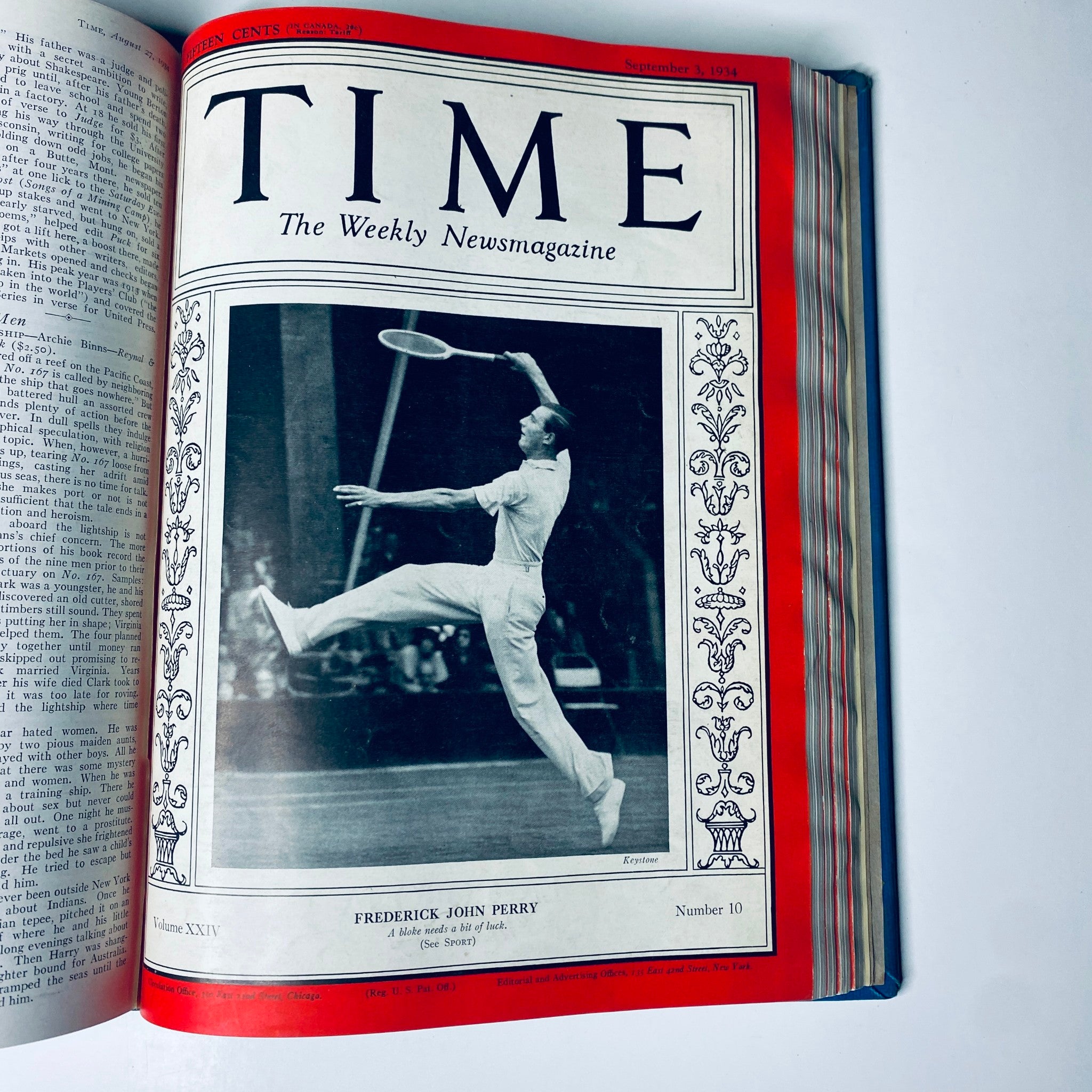 Cover of Time Magazine dated September 3, 1934 featuring Frederick John Perry, associated with the Time Magazine Library Bound July 2- September 24, 1934 Riza Shah Pahlevi Persia.