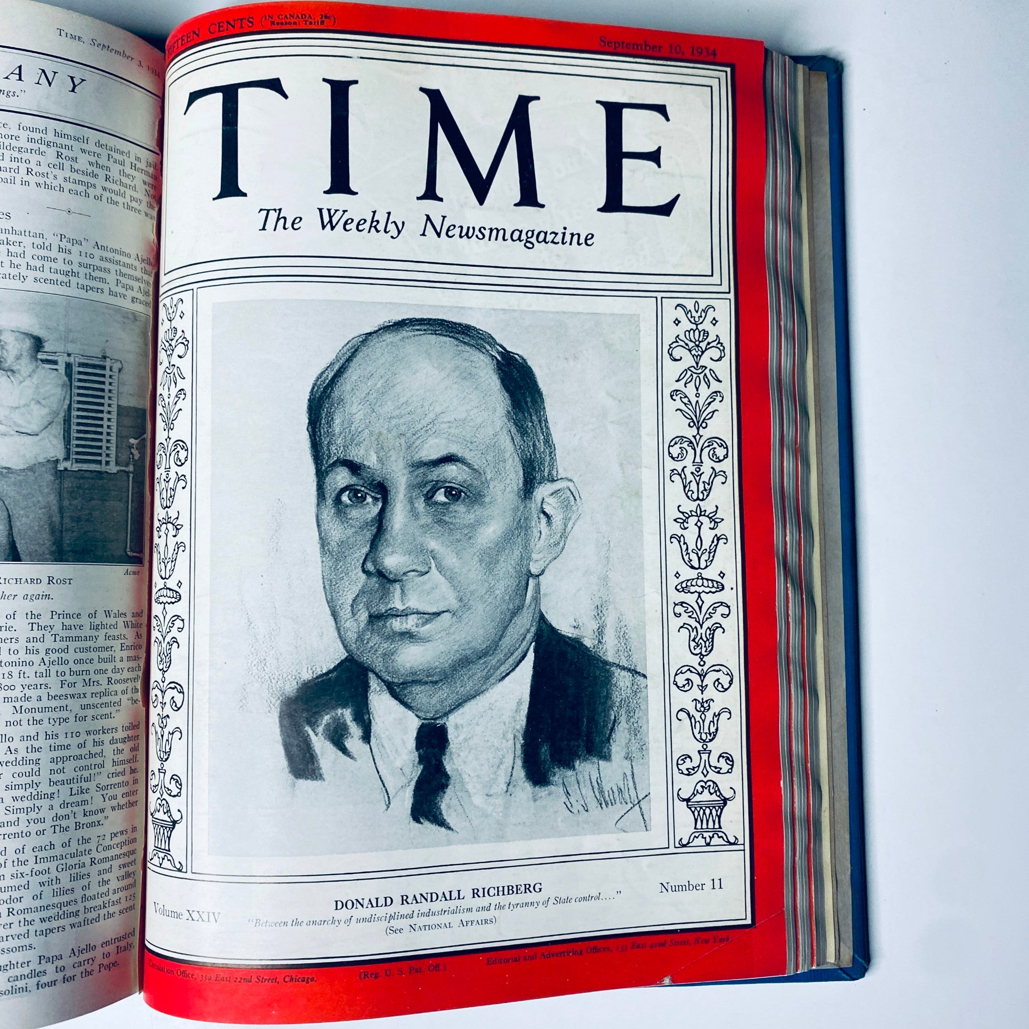 Cover of Time Magazine dated September 10, 1934 featuring Donald Randall Richberg, associated with the Time Magazine Library Bound July 2- September 24, 1934 Riza Shah Pahlevi Persia.