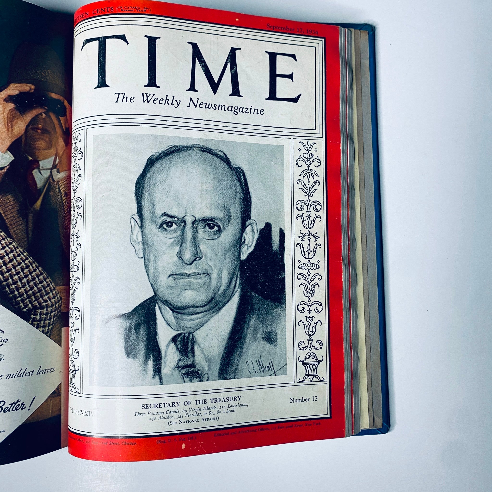 Cover of Time Magazine dated September 17, 1934 featuring the Secretary of the Treasury, associated with the Time Magazine Library Bound July 2- September 24, 1934 Riza Shah Pahlevi Persia.