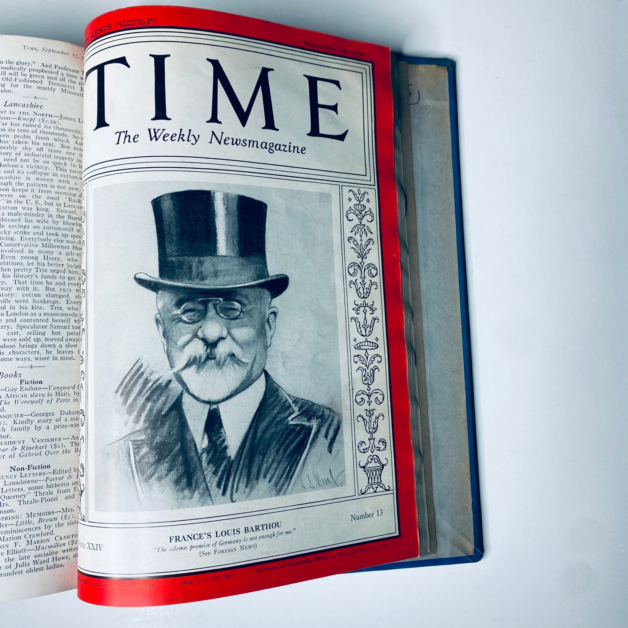 Cover of Time Magazine dated September 24, 1934 featuring France's Louis Barthou, associated with the Time Magazine Library Bound July 2- September 24, 1934 Riza Shah Pahlevi Persia.