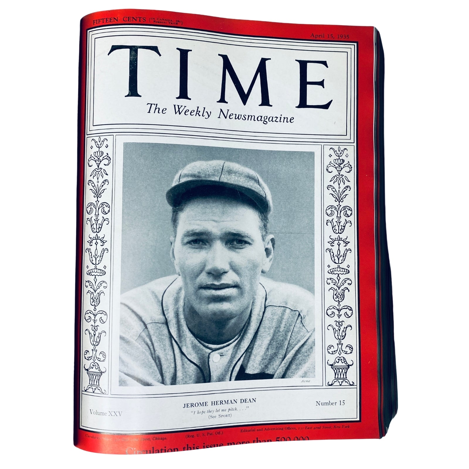 Cover of Time Magazine from April 15, 1935, featuring Jerome Herman Dean, an article discussing his contributions and prominence. The magazine title and date prominently displayed at the top.