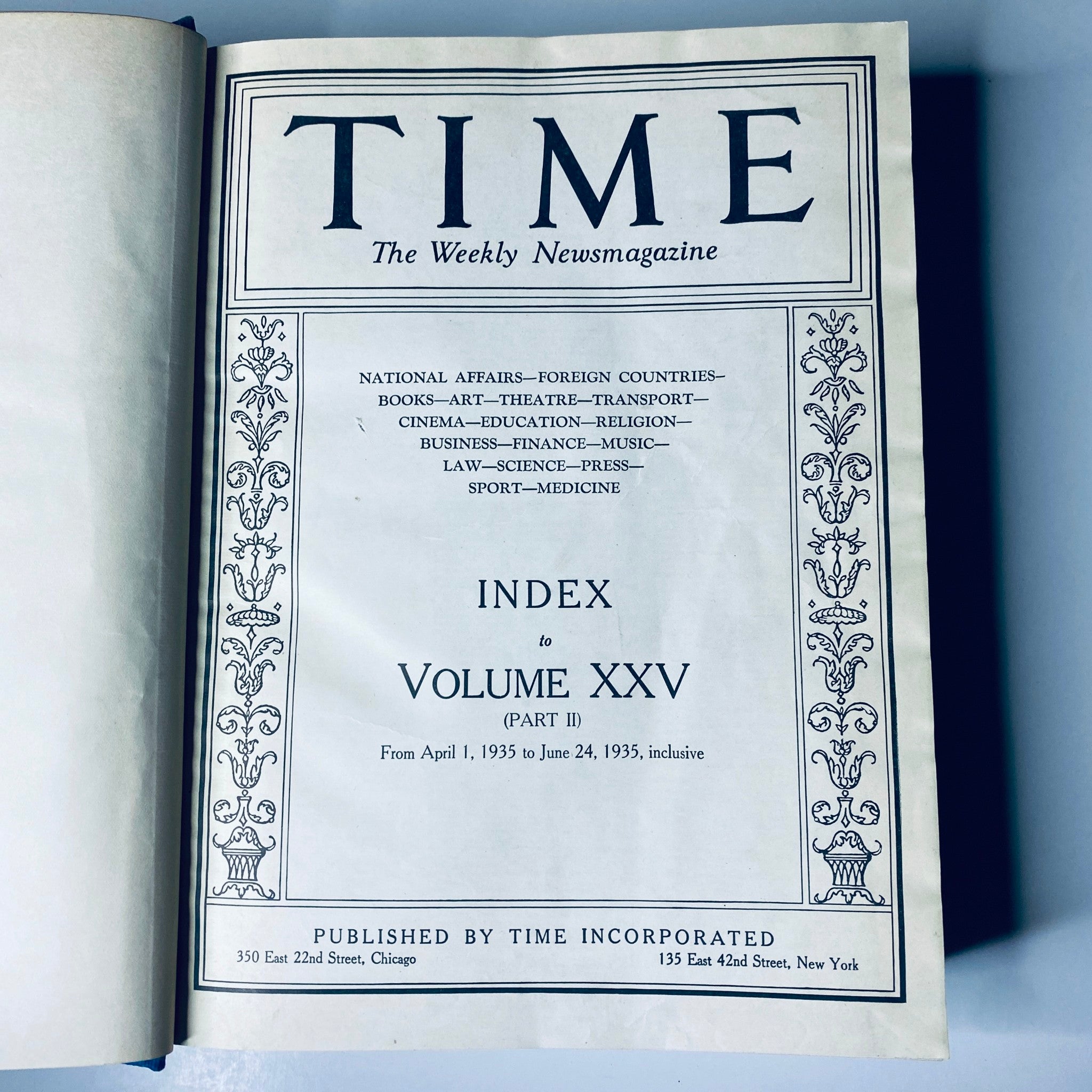 Index page of Time Magazine Volume XXV, detailing national affairs, foreign countries, and various topics from April 1 to June 24, 1935.
