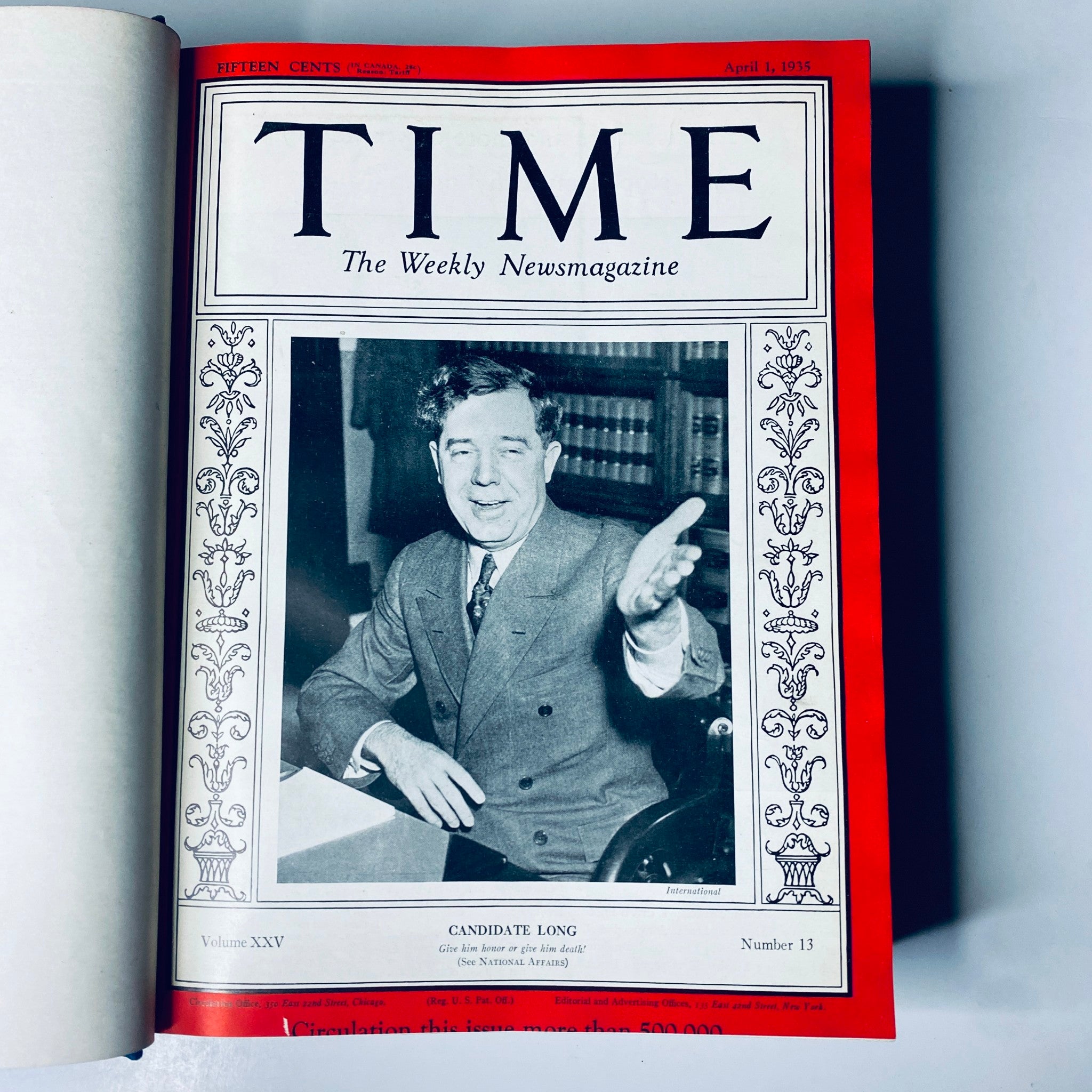Cover of Time Magazine dated April 1, 1935 featuring Candidate Long, with a portrait of the politician on the cover.