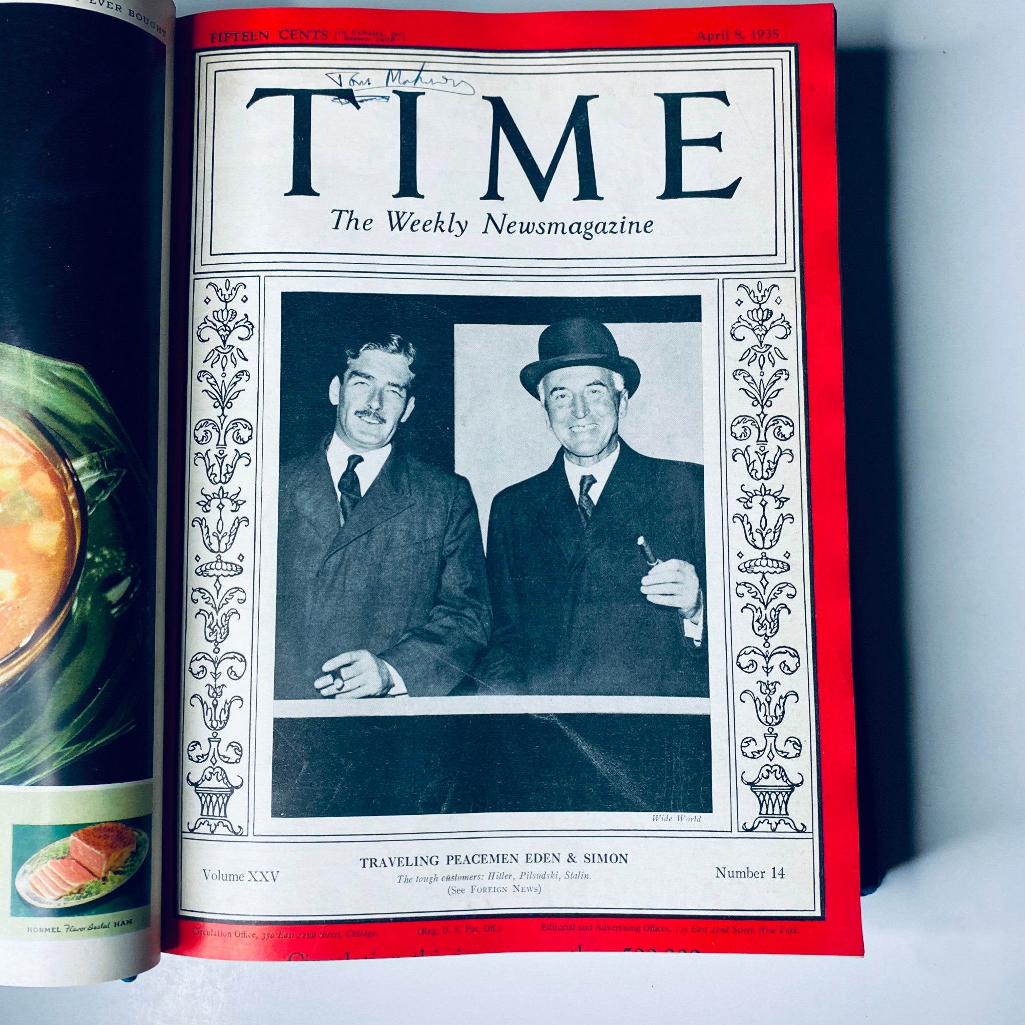 Cover of Time Magazine dated April 8, 1935 featuring Traveling Peacemakers Eden & Simon, showcasing two men in formal attire.