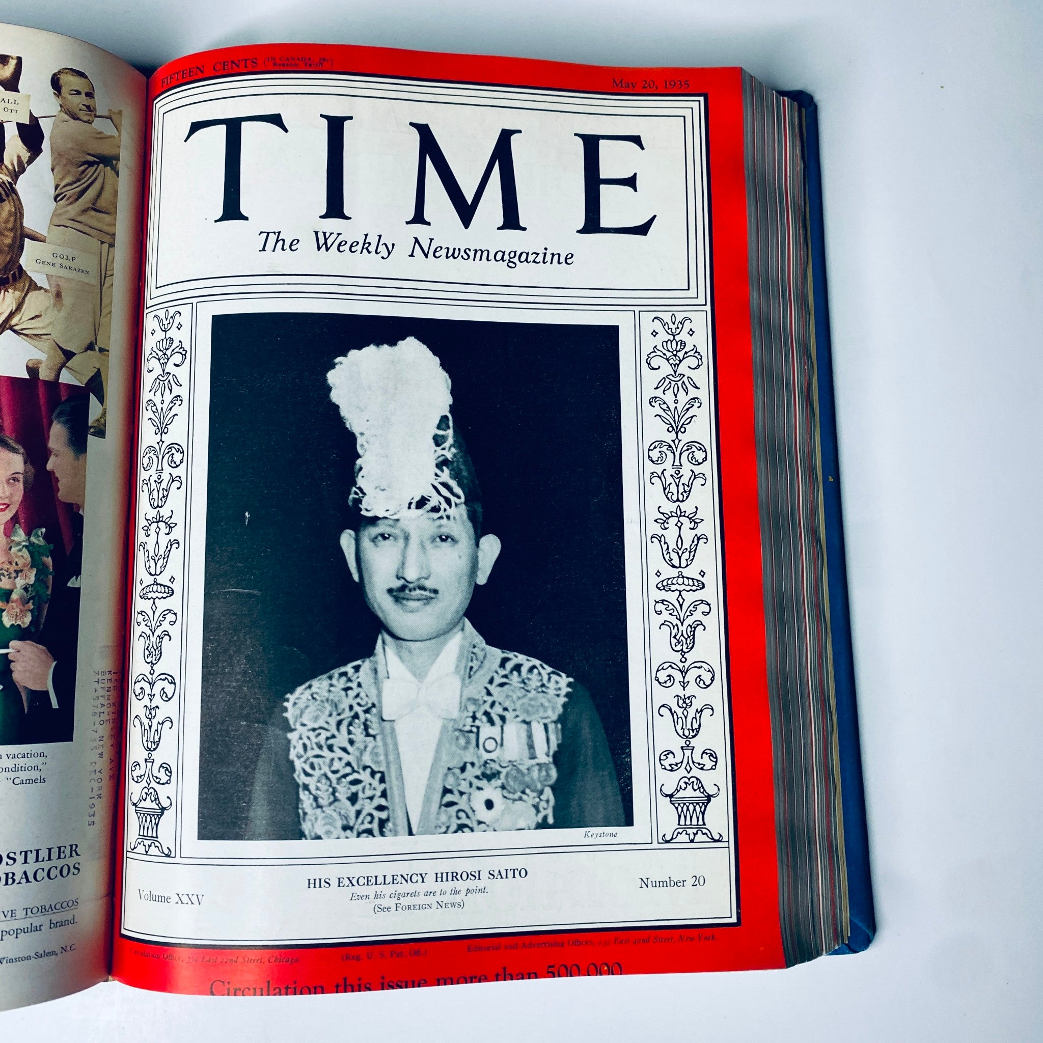 Time Magazine Library Bound April 1 - June 24, 1935 showcasing His Excellency Hirosi Saito on the cover from May 20, 1935.