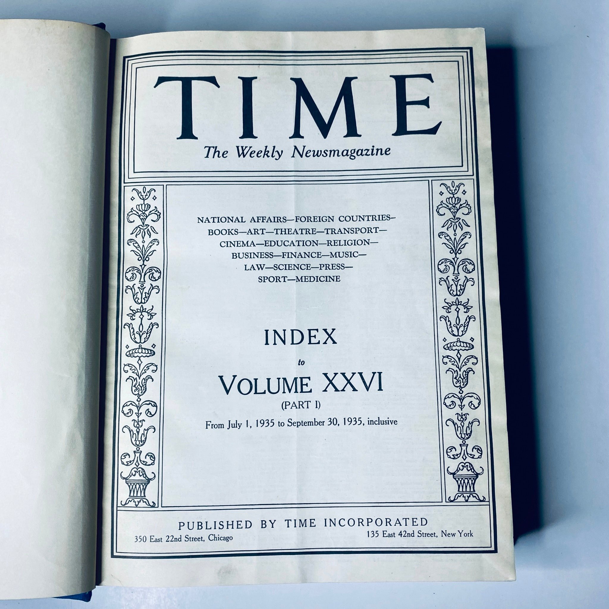 Table of contents page from 'Time Magazine Library Bound July 1-September 30, 1935', listing the rich variety of topics covered in this bound volume.