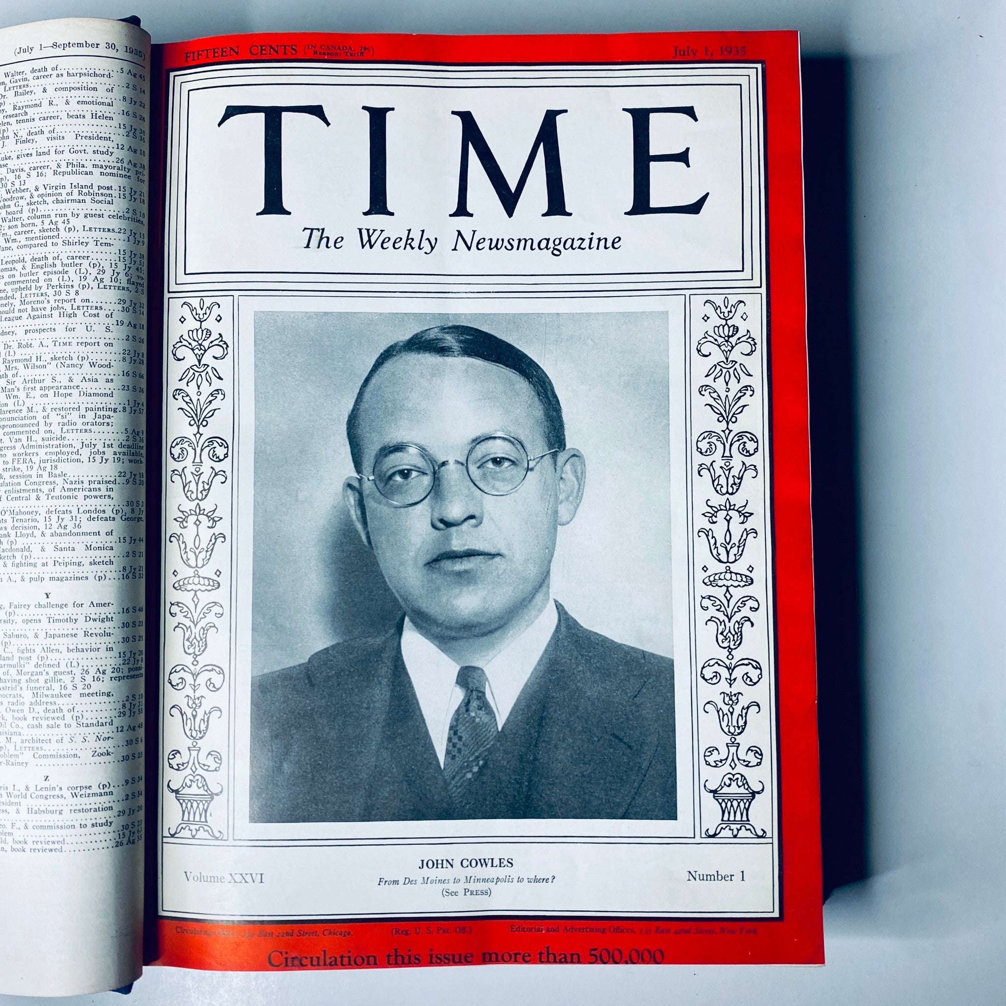 Front cover of the 'Time Magazine' from July 1, 1935, featuring a portrait of John Cowles, part of the collection 'July 1-September 30, 1935'.