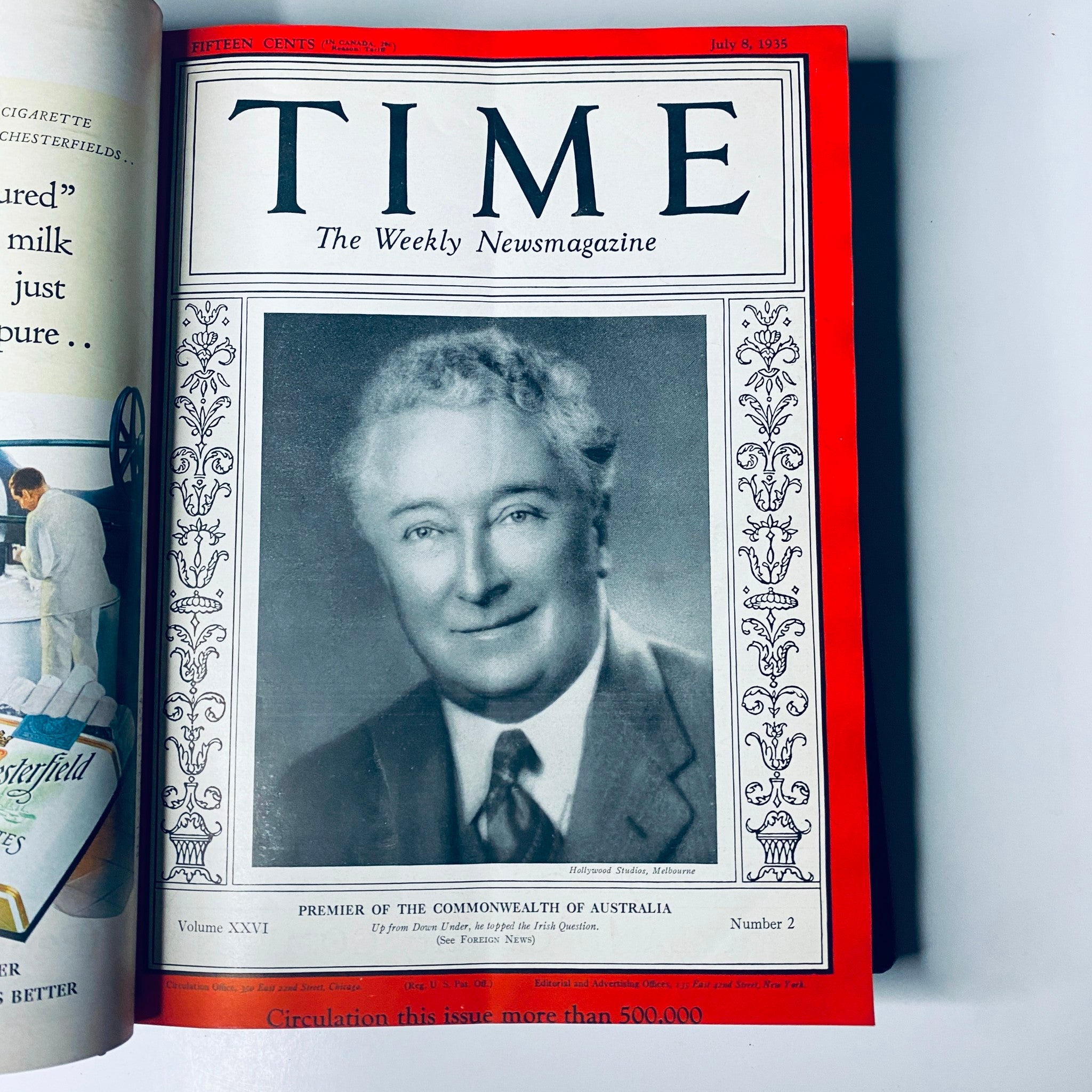 Front cover of the 'Time Magazine' from July 8, 1935, displaying the portrait of the Premier of the Commonwealth of Australia, part of 'Time Magazine Library Bound July 1-September 30, 1935'.