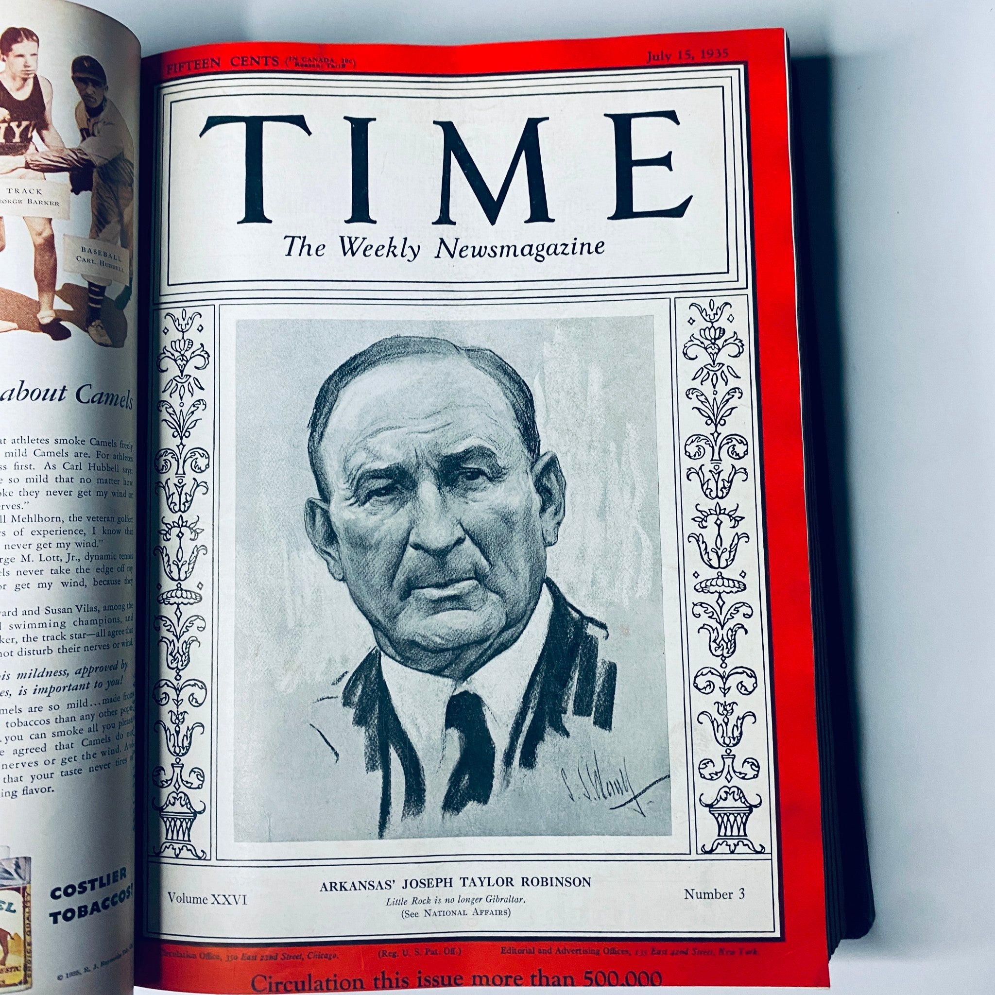 Time Magazine cover from July 15, 1935, featuring a portrait of Arkansas' Joseph Taylor Robinson, showcasing political leadership during the Great Depression.
