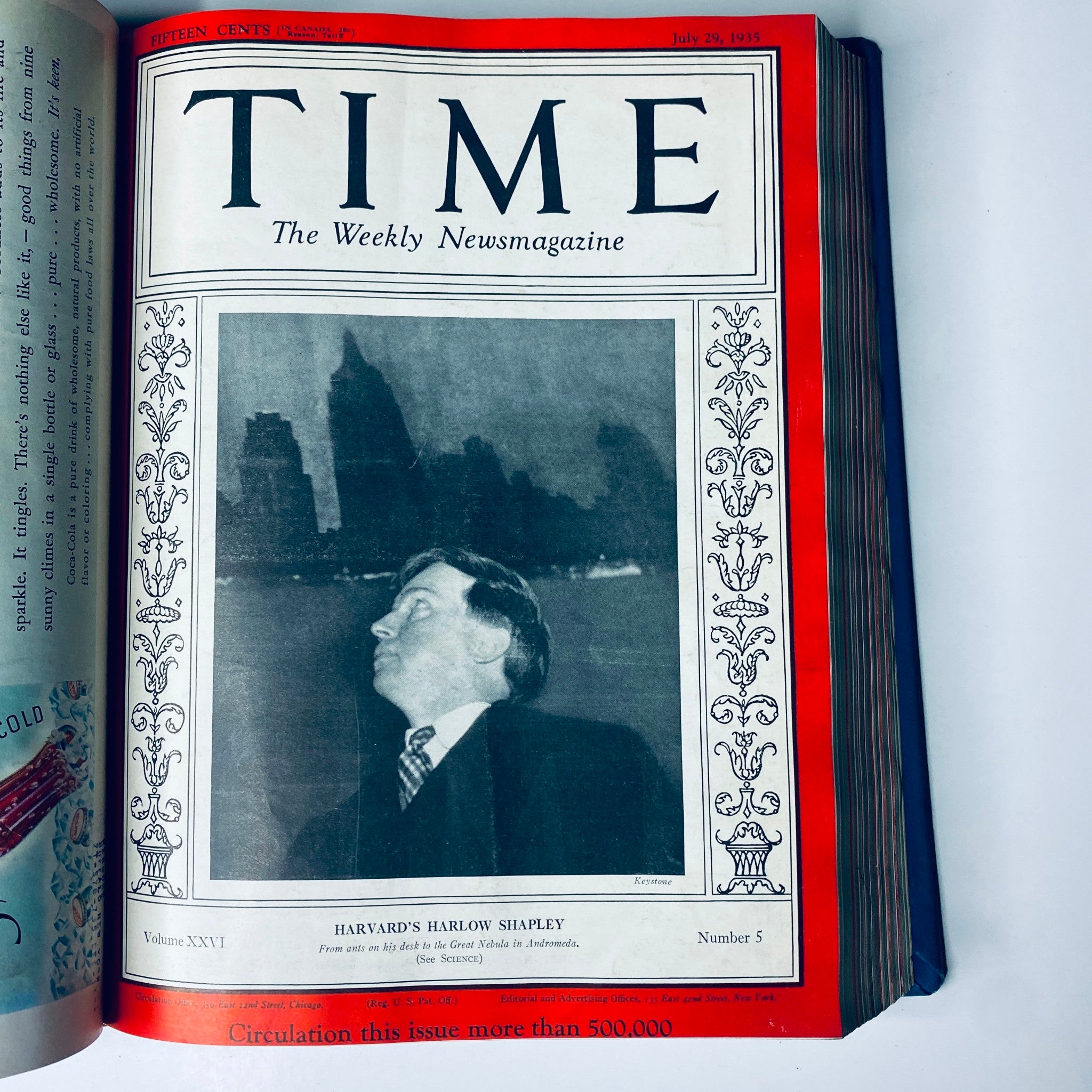 Time Magazine cover from July 29, 1935, featuring Harvard's Harlow Shapley, representing scientific advancements of the 1930s.