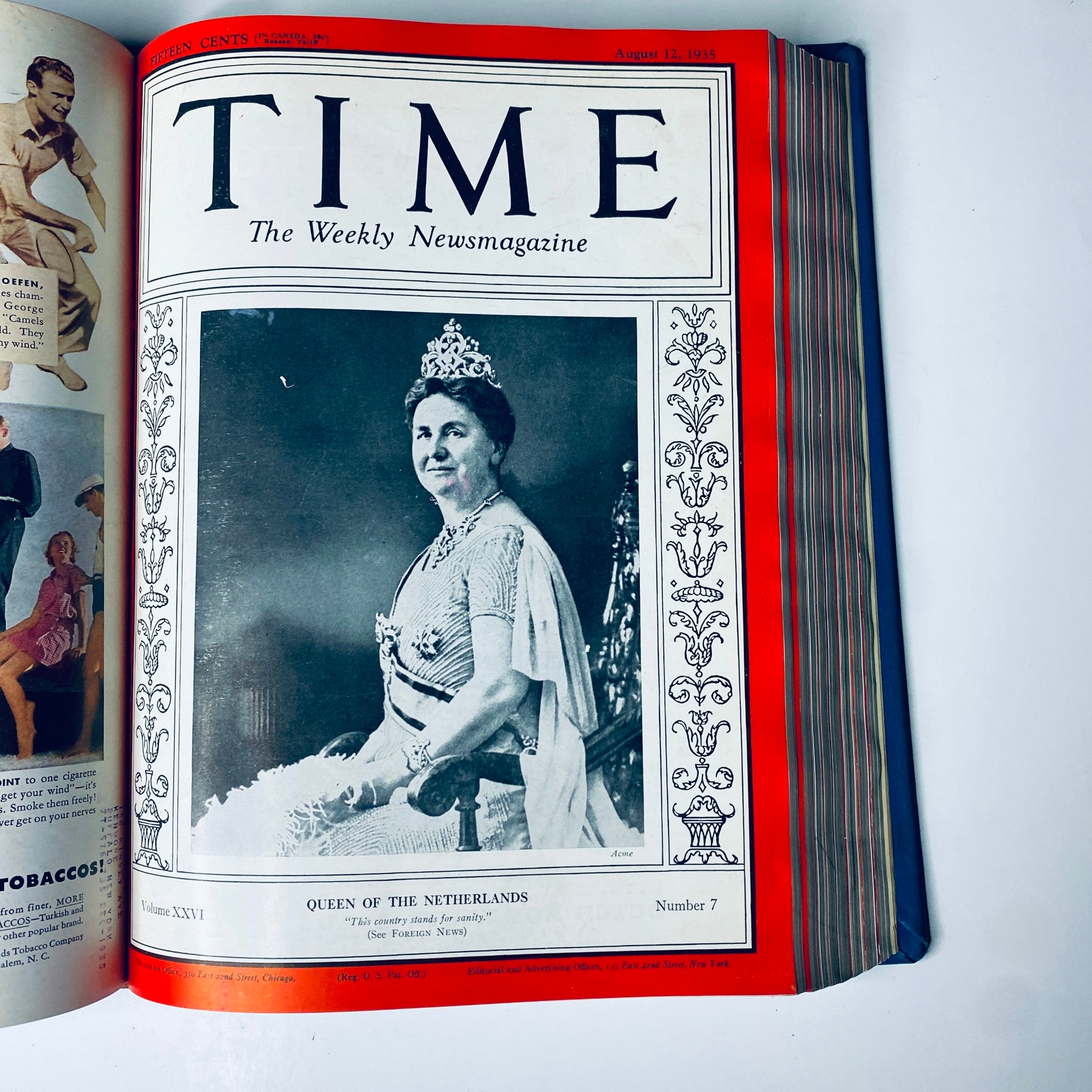 Time Magazine cover from August 12, 1935, depicting the Queen of the Netherlands, reflecting international relations and monarchy during the Great Depression.
