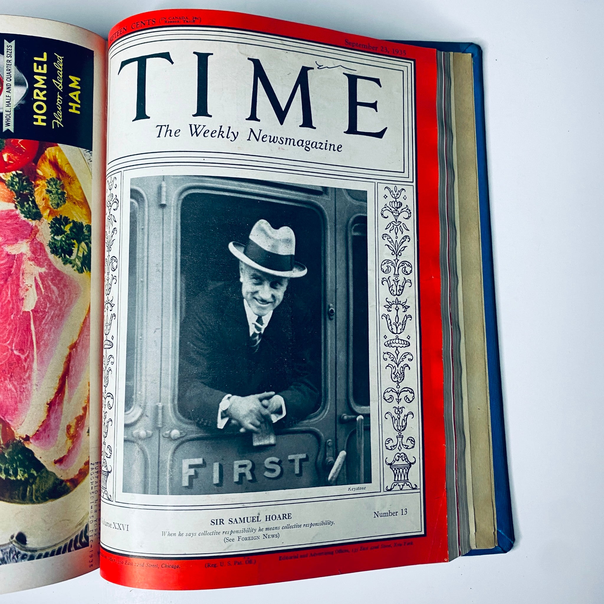 Cover of Time Magazine from September 23, 1935, featuring Sir Samuel Hoare, reflecting on international relations and key political figures of the time.