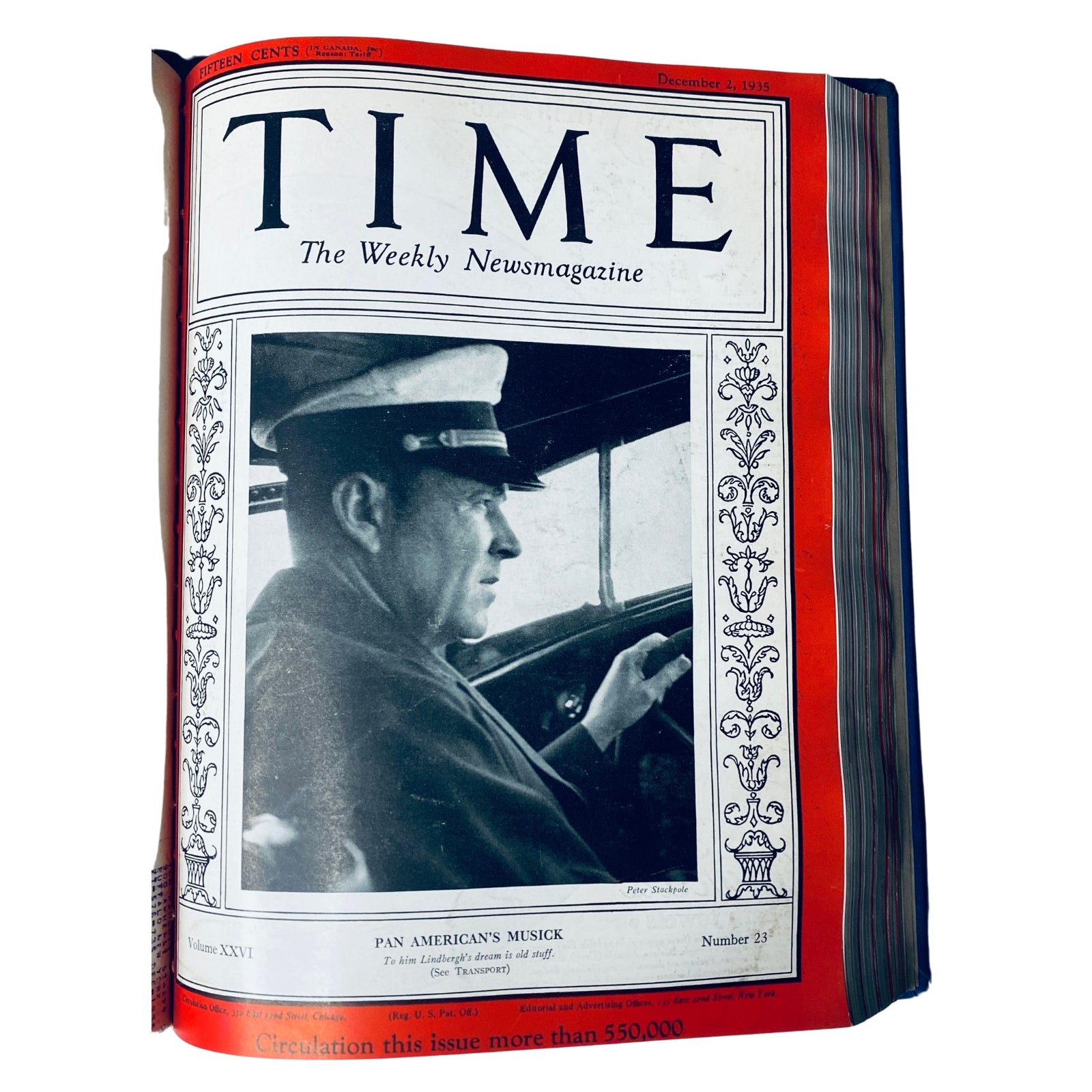 Cover of Time Magazine from December 2, 1935, featuring the title 'Time Magazine Library Bound October 7- December 30, 1935.' The cover highlights Pan American's Musick alongside a black and white photograph of a man in a cap, showcasing this historical publication.