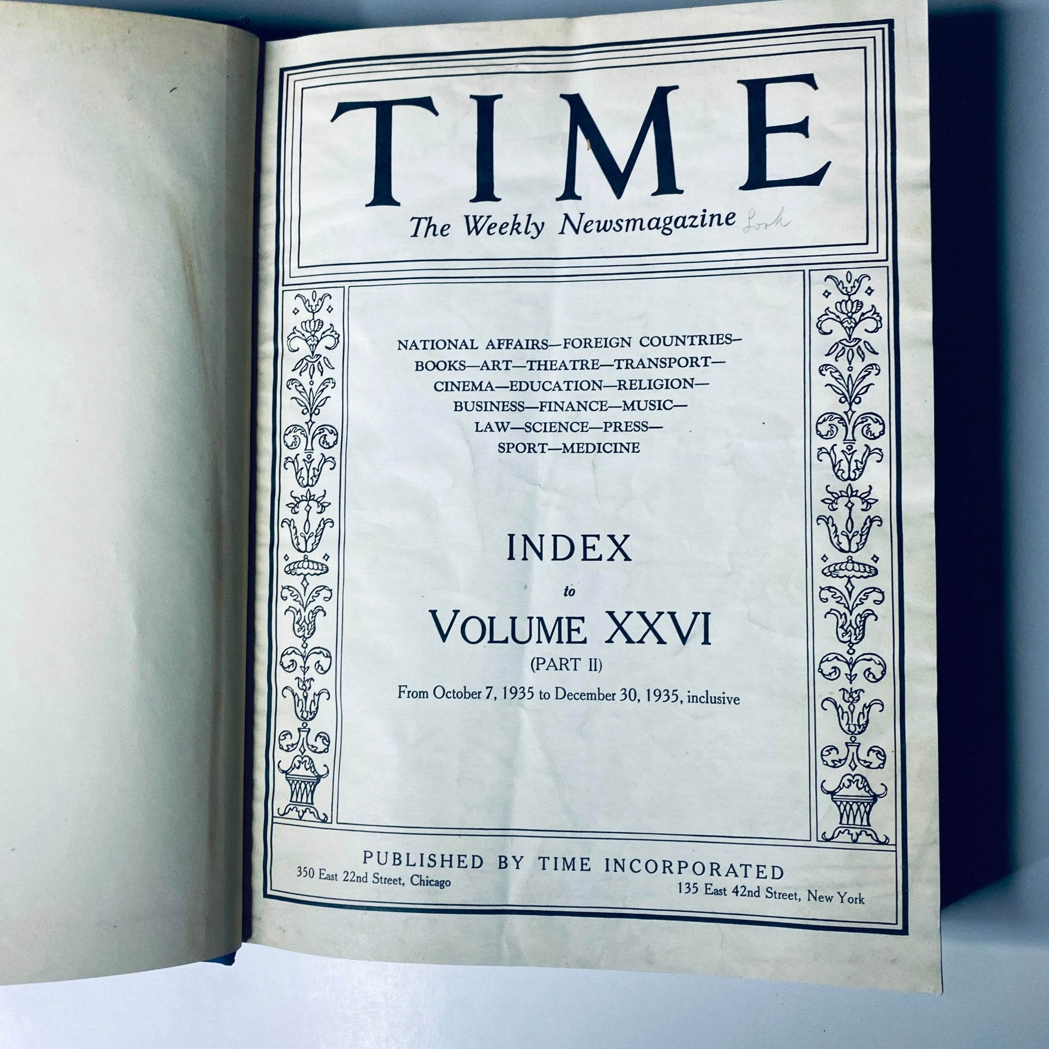 Title: Time Magazine Library Bound October 7- December 30, 1935. Inside page showing the index for Volume XXVI, detailing sections on national affairs, arts, and sciences.