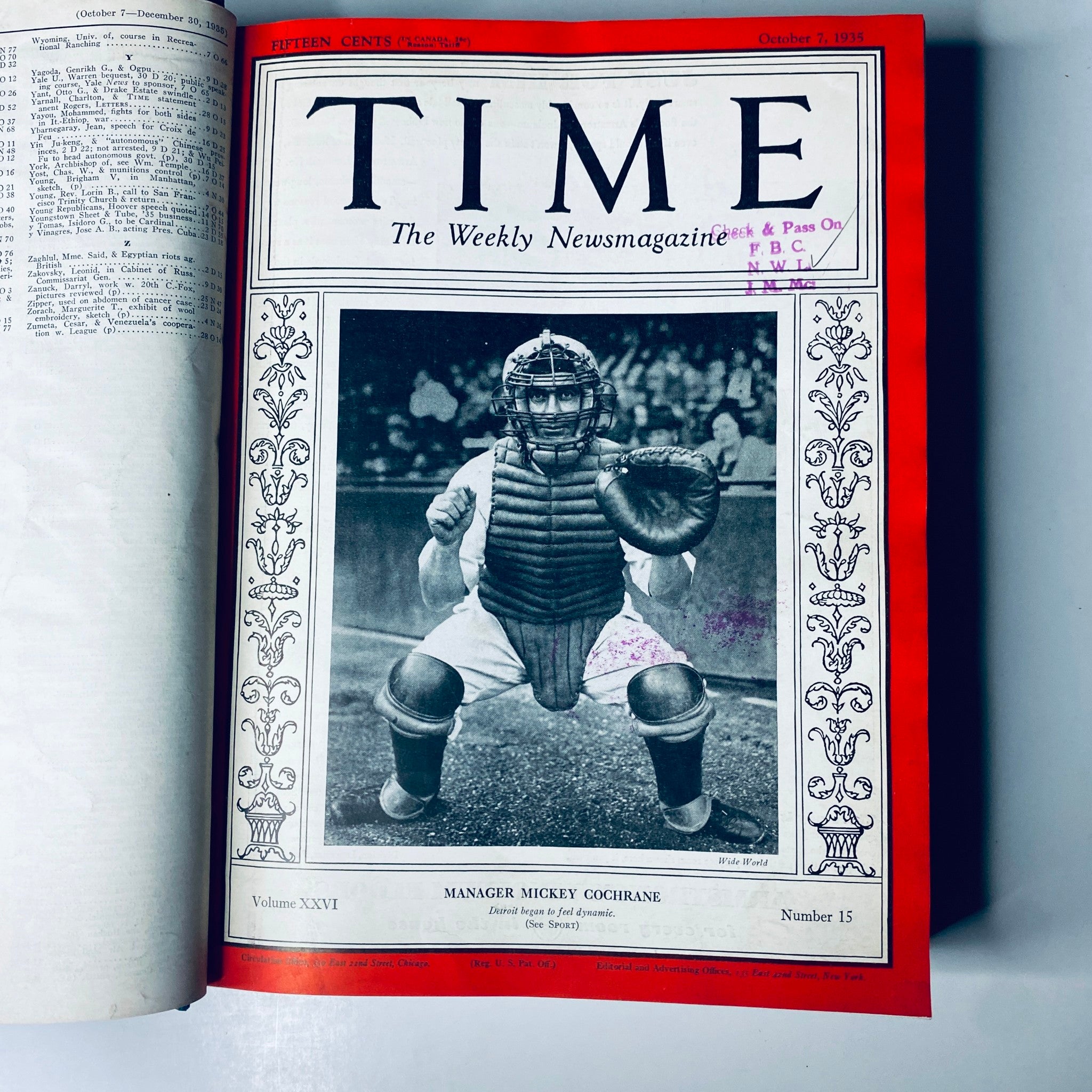 Title: Time Magazine Library Bound October 7- December 30, 1935. Cover of the October 7, 1935 issue featuring Manager Mickey Cochrane, capturing a moment in sports history.