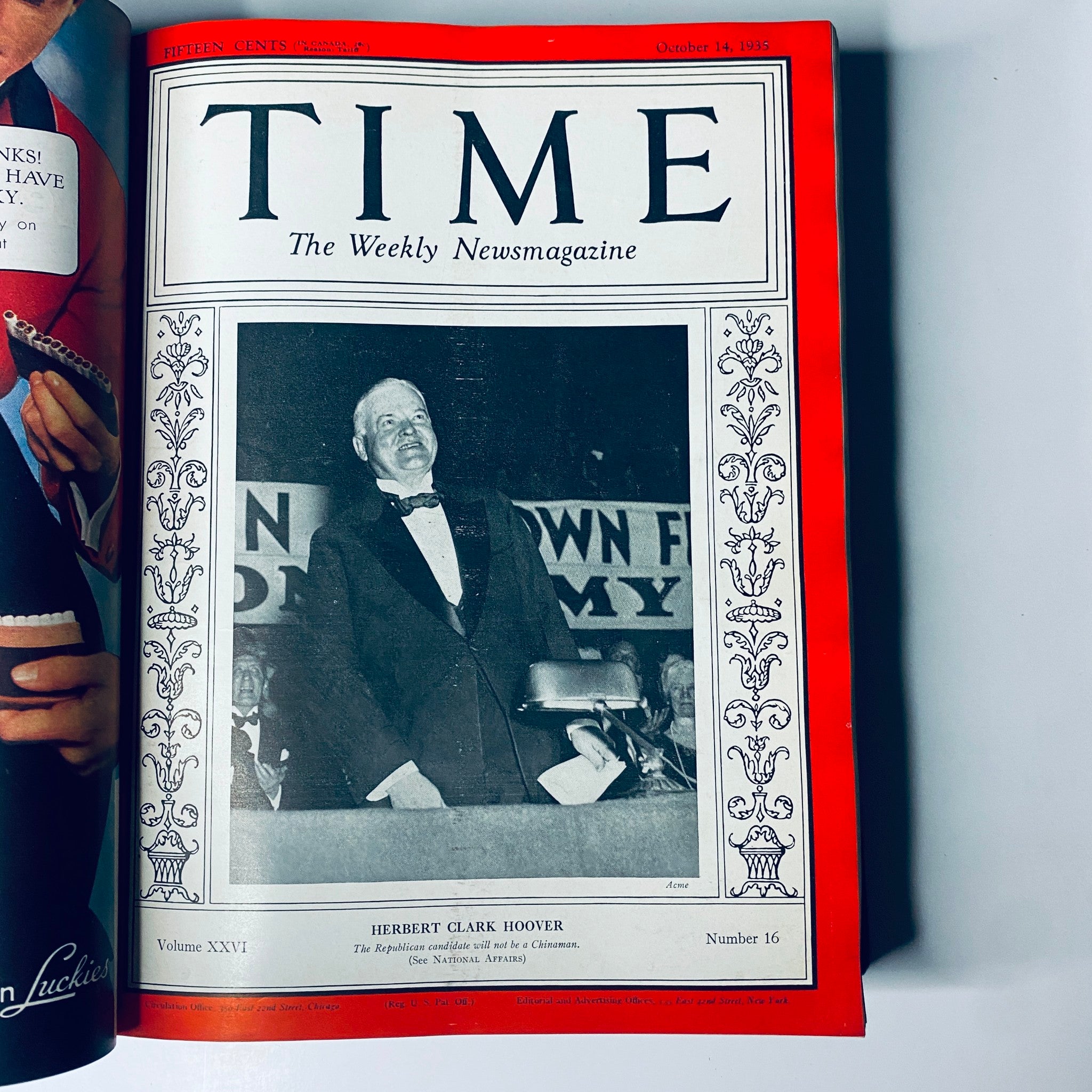 Title: Time Magazine Library Bound October 7- December 30, 1935. Cover of the October 14, 1935 issue showcasing Herbert Clark Hoover, highlighting a key political figure.