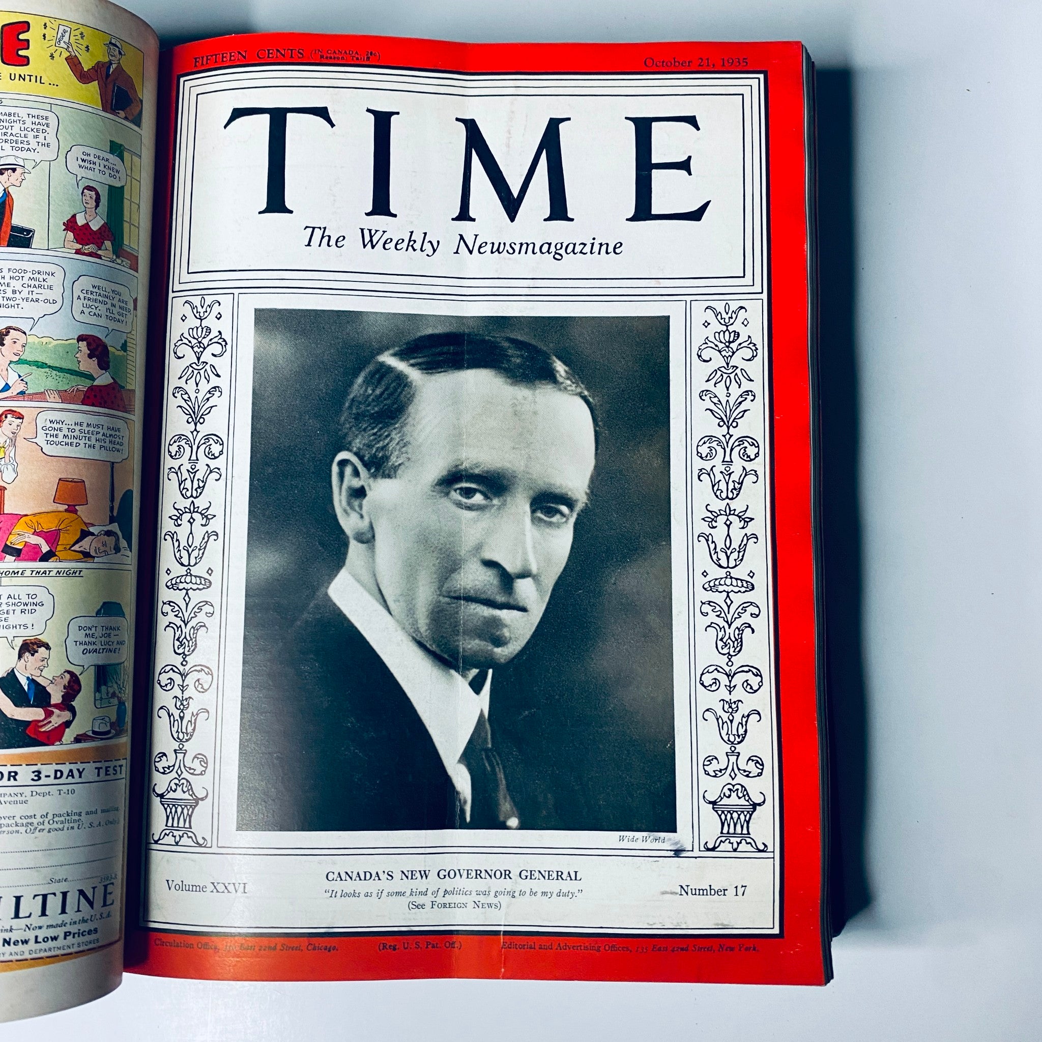 Title: Time Magazine Library Bound October 7- December 30, 1935. Cover of the October 21, 1935 issue featuring Canada's New Governor General, showcasing international leadership.