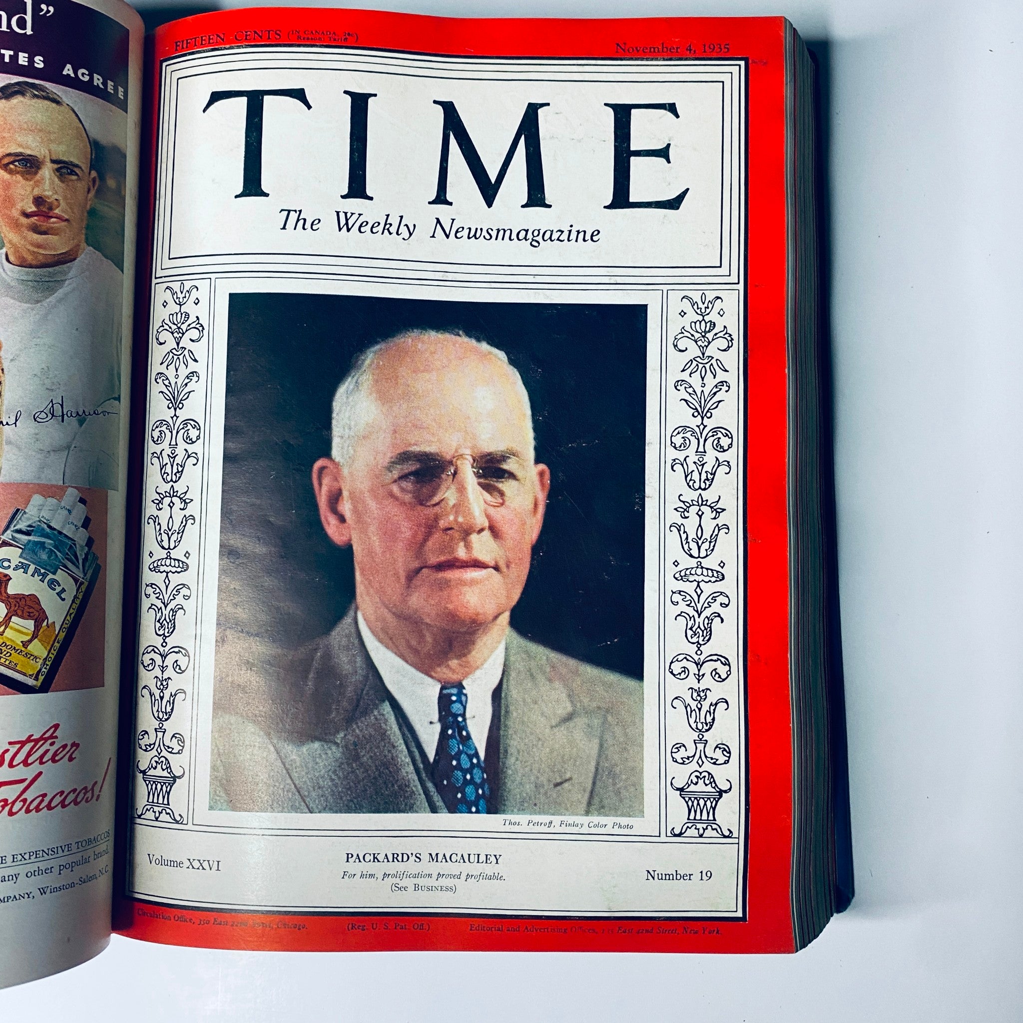 Cover of Time Magazine, November 4, 1935, featuring Packard’s Macauley. Part of the Time Magazine Library Bound collection from October 7 to December 30, 1935.