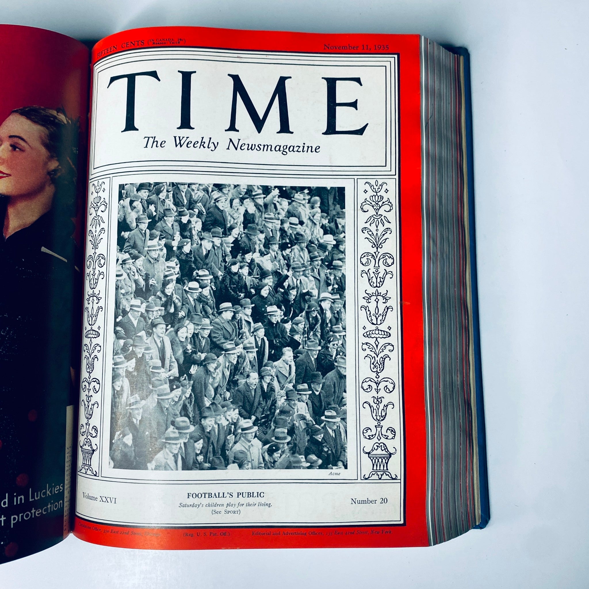 Cover of Time Magazine, November 11, 1935, showcasing a large crowd in reference to the issue titled 'Football's Public'. Part of the Time Magazine Library Bound collection from October 7 to December 30, 1935.