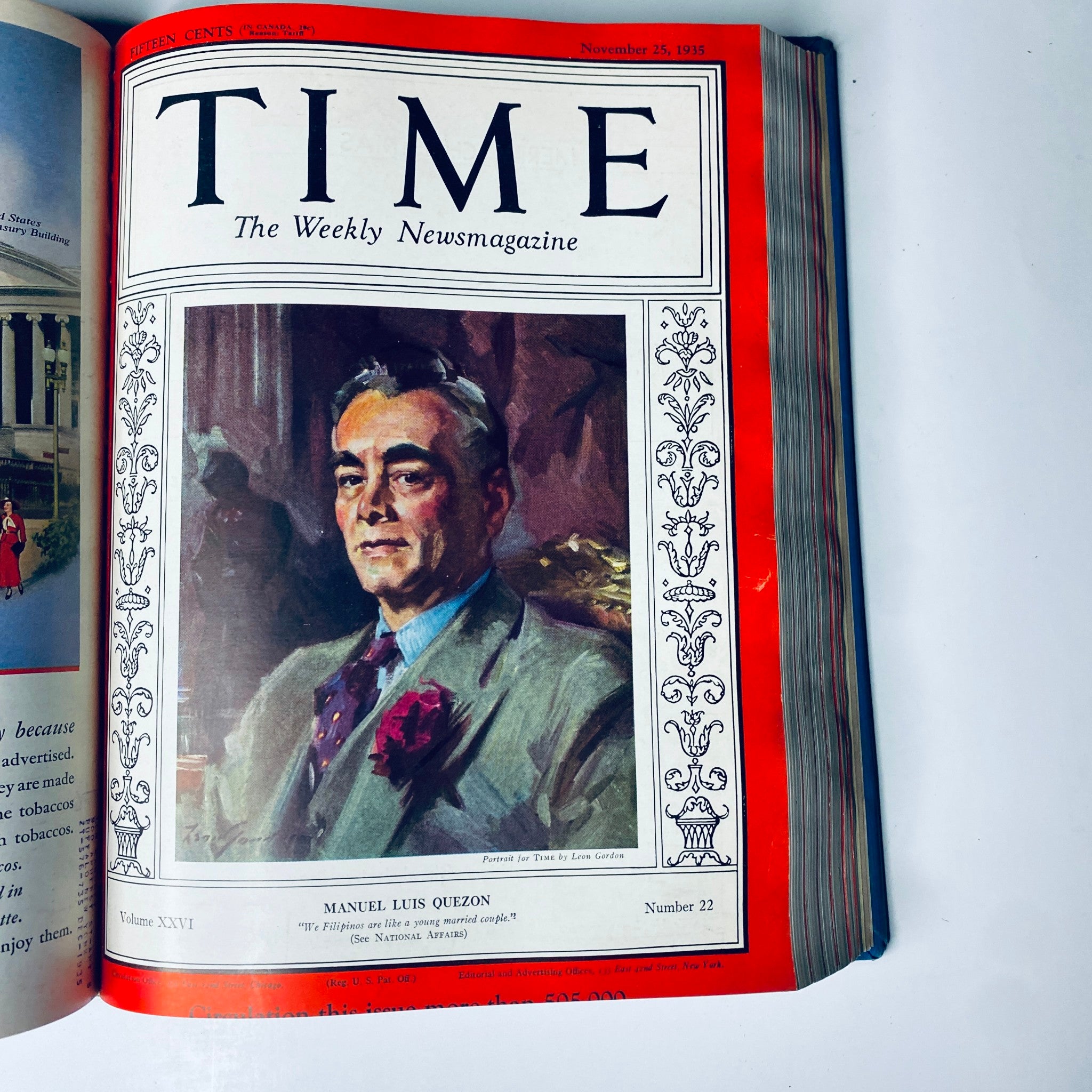 Cover of Time Magazine, November 25, 1935, featuring Manuel Luis Quezon. Part of the Time Magazine Library Bound collection from October 7 to December 30, 1935.
