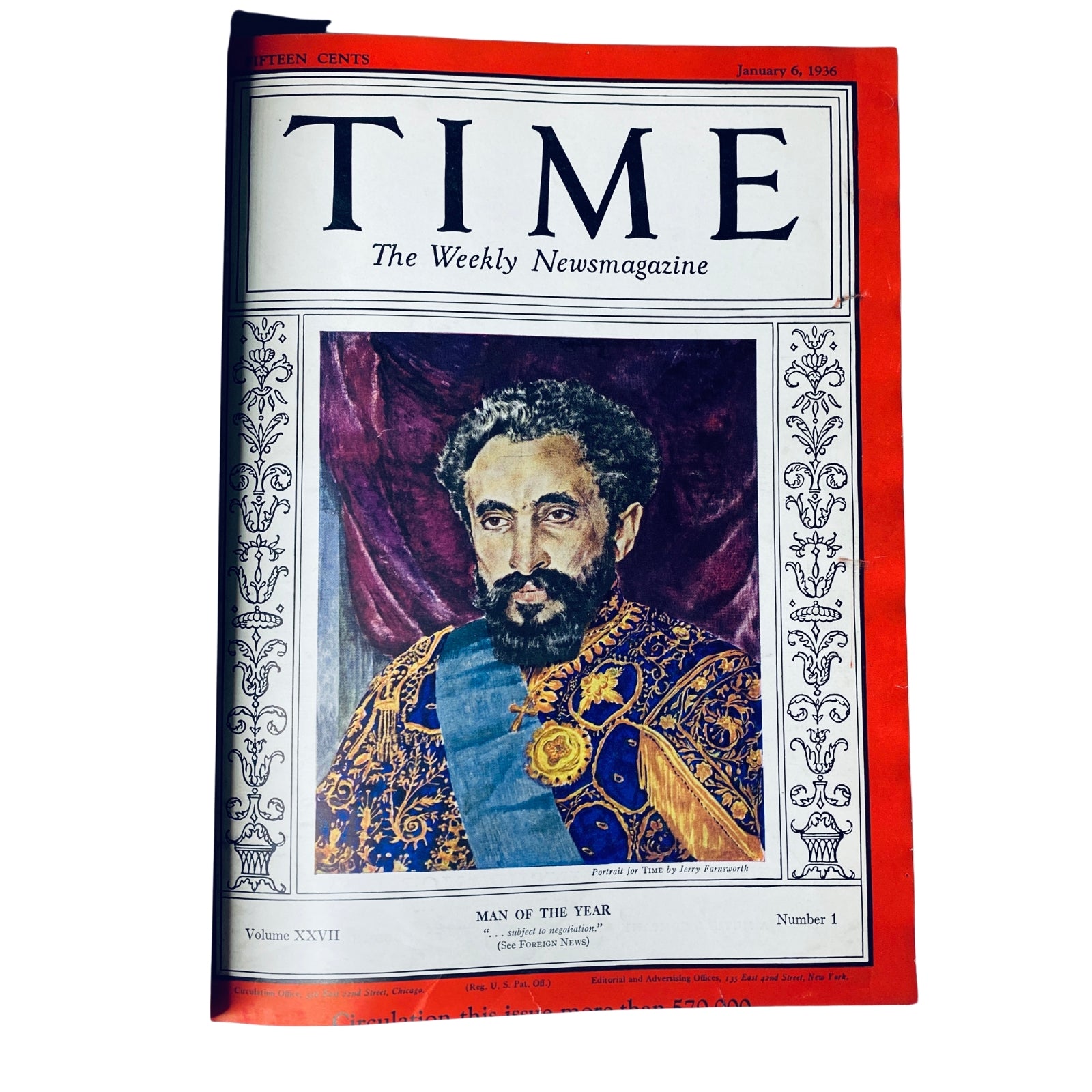 Time Magazine, January 6, 1936, featuring Haile Selassie as Man of the Year on the cover, showcasing a colorful portrait and historical significance.