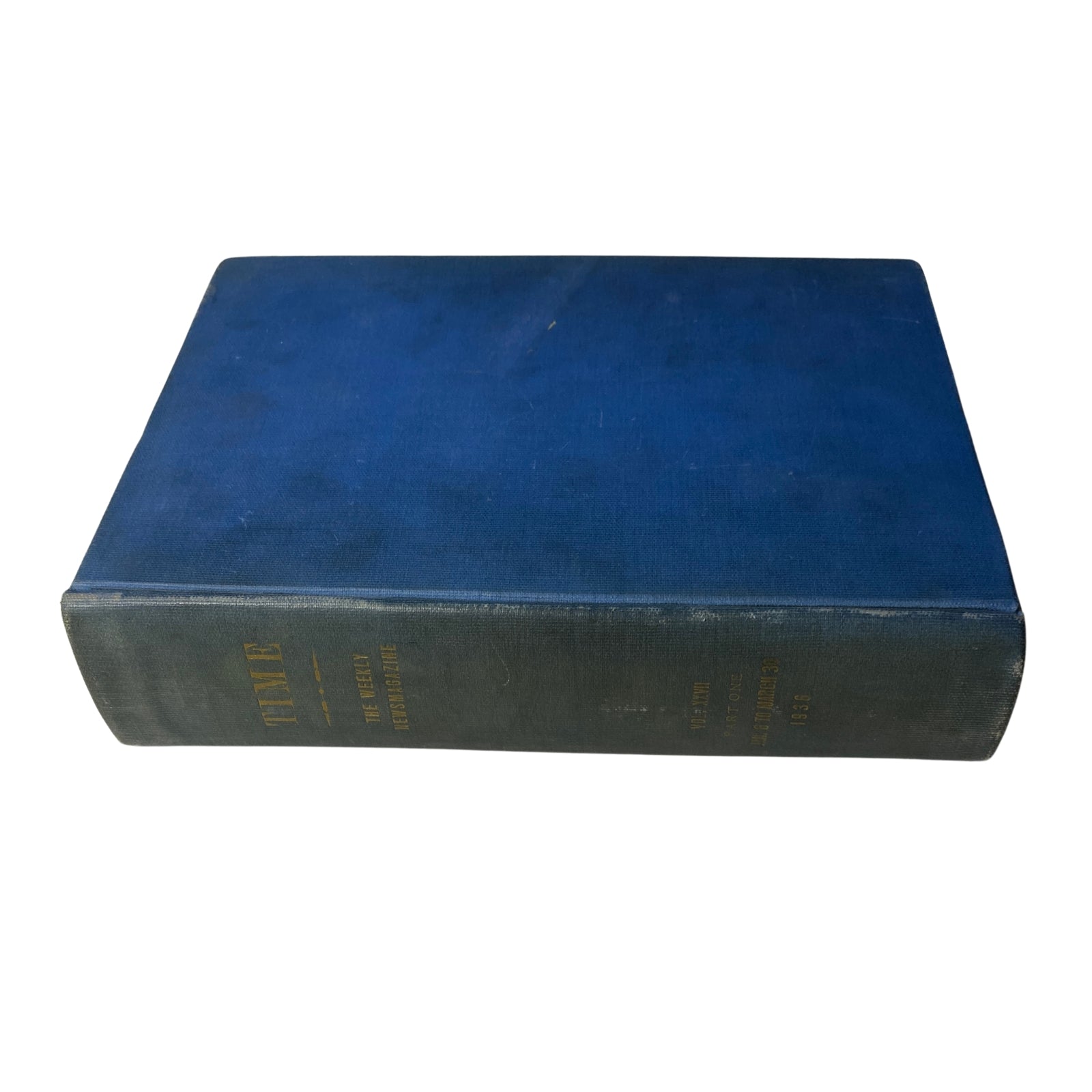 The side view of the Library Bound volume of Time Magazine, from January 6 to March 30, 1936, with gold lettering on the spine.
