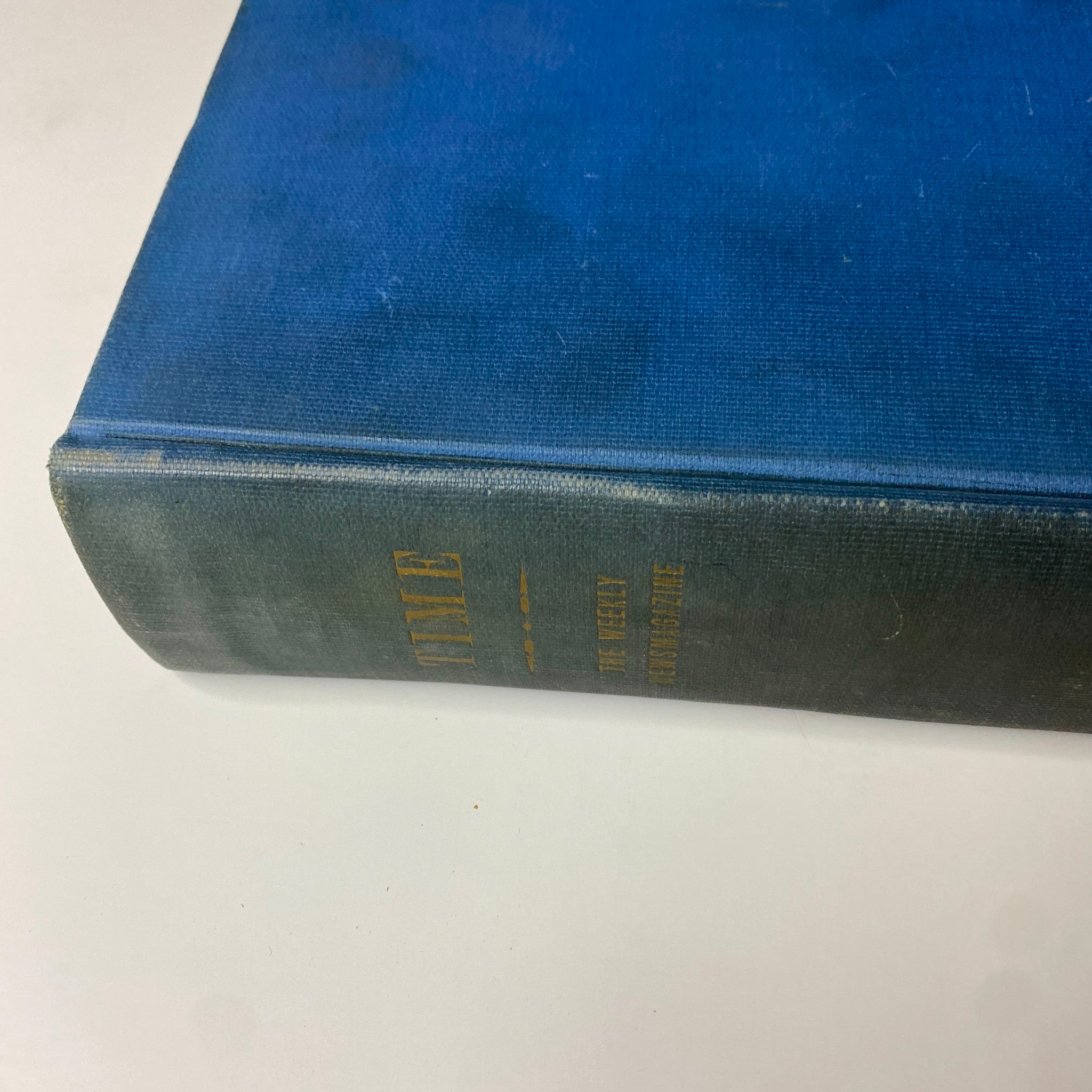 Another side view of the Library Bound Time Magazine, from January 6 to March 30, 1936, highlighting the blue cover with gold embossed title.