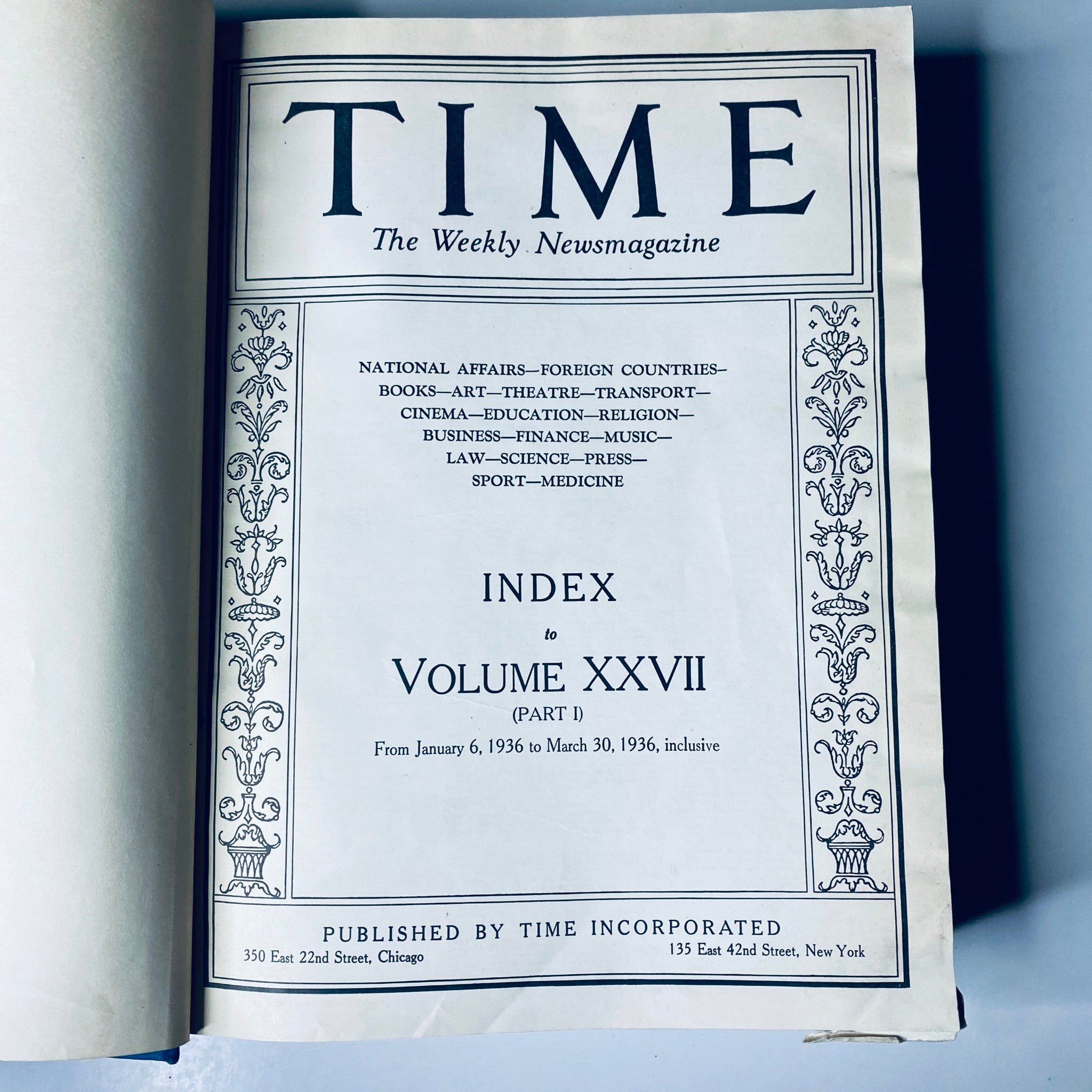 Index page of the Time Magazine Library Bound Volume from January 6 to March 30, 1936, detailing contents under Volume XXVII.