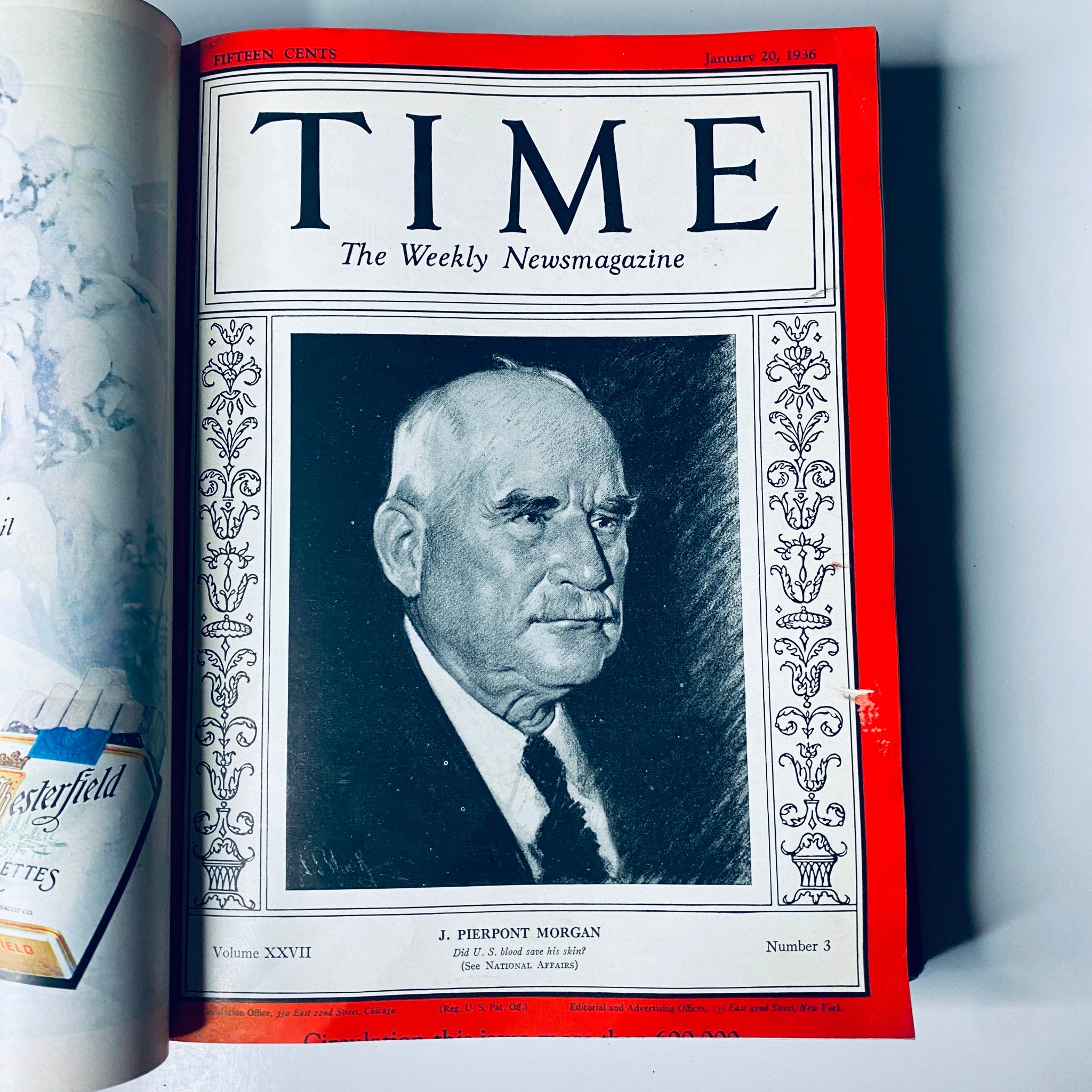 Cover of the January 20, 1936 issue of Time Magazine from the Library Bound Volume showcasing J. Pierpont Morgan.