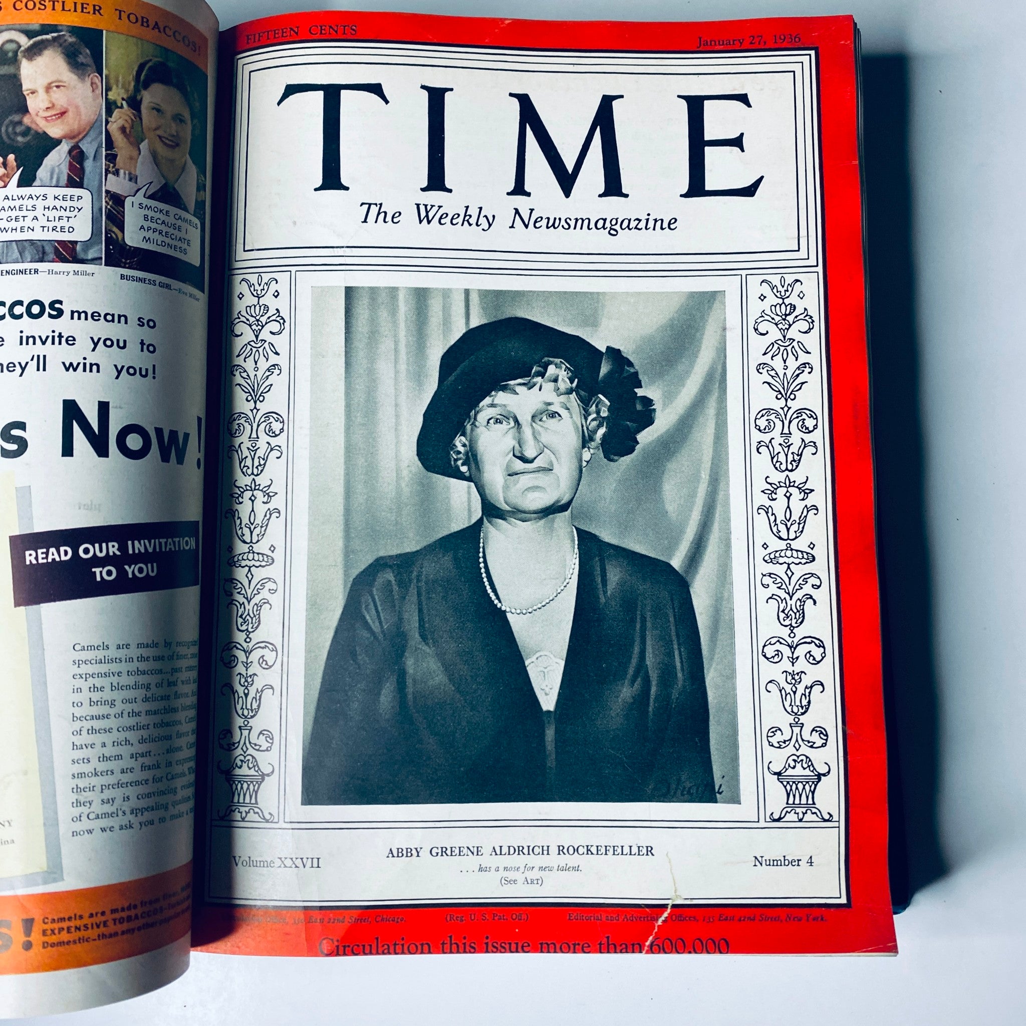 Time Magazine cover featuring Abby Greene Aldrich Rockefeller from January 27, 1936, part of the Time Library Bound titled 'Time Magazine Library Bound Jan 6-March 30 1936 Haile Selassie Leni Riefensthal'.