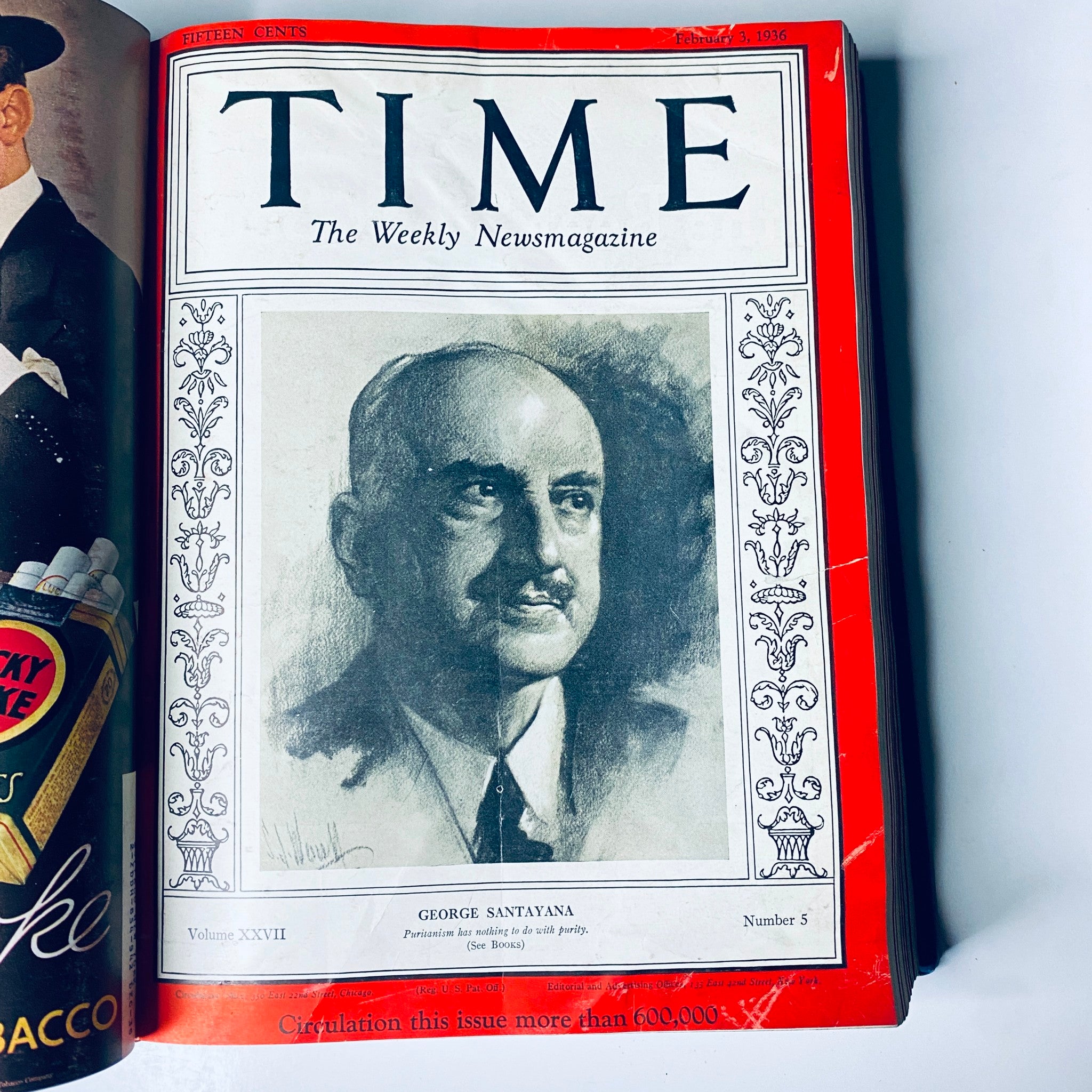 Time Magazine cover featuring George Santayana from February 3, 1936, part of the Time Library Bound titled 'Time Magazine Library Bound Jan 6-March 30 1936 Haile Selassie Leni Riefensthal'.