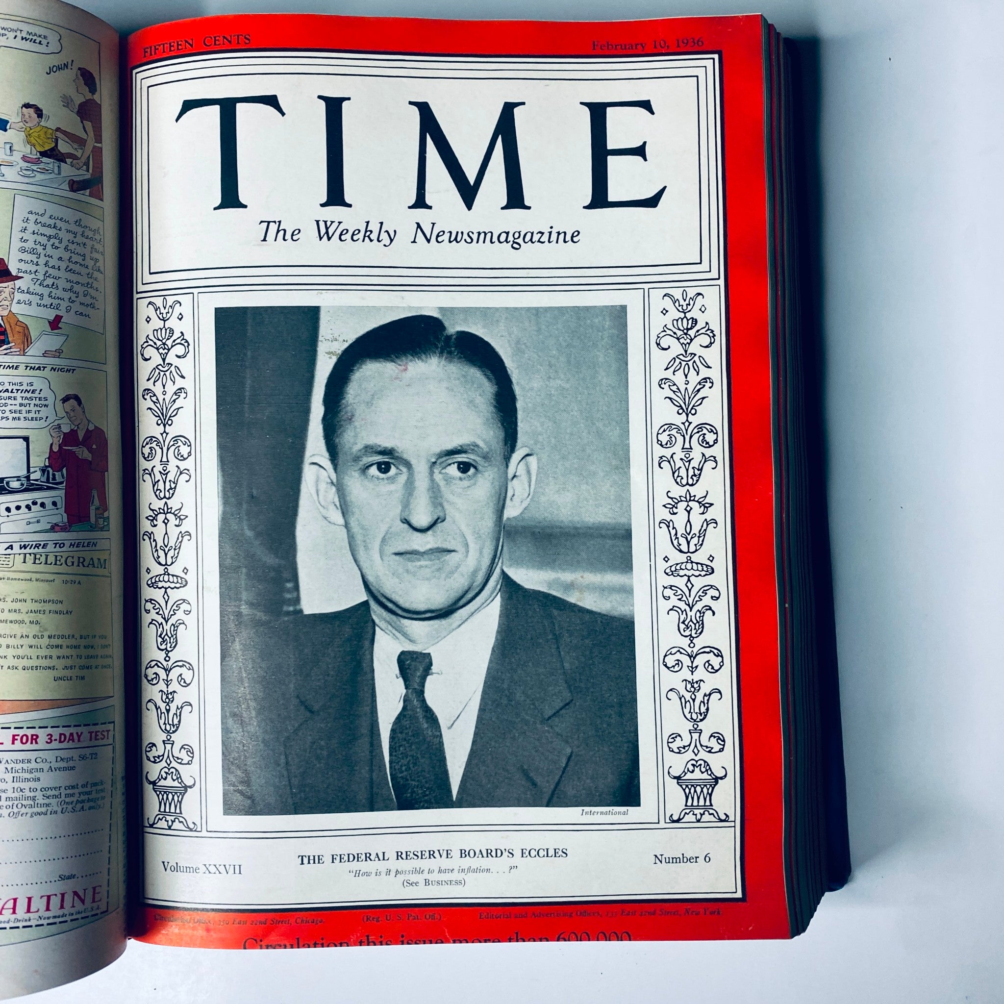 Time Magazine cover featuring the Federal Reserve Board's Eccles from February 10, 1936, part of the Time Library Bound titled 'Time Magazine Library Bound Jan 6-March 30 1936 Haile Selassie Leni Riefensthal'.