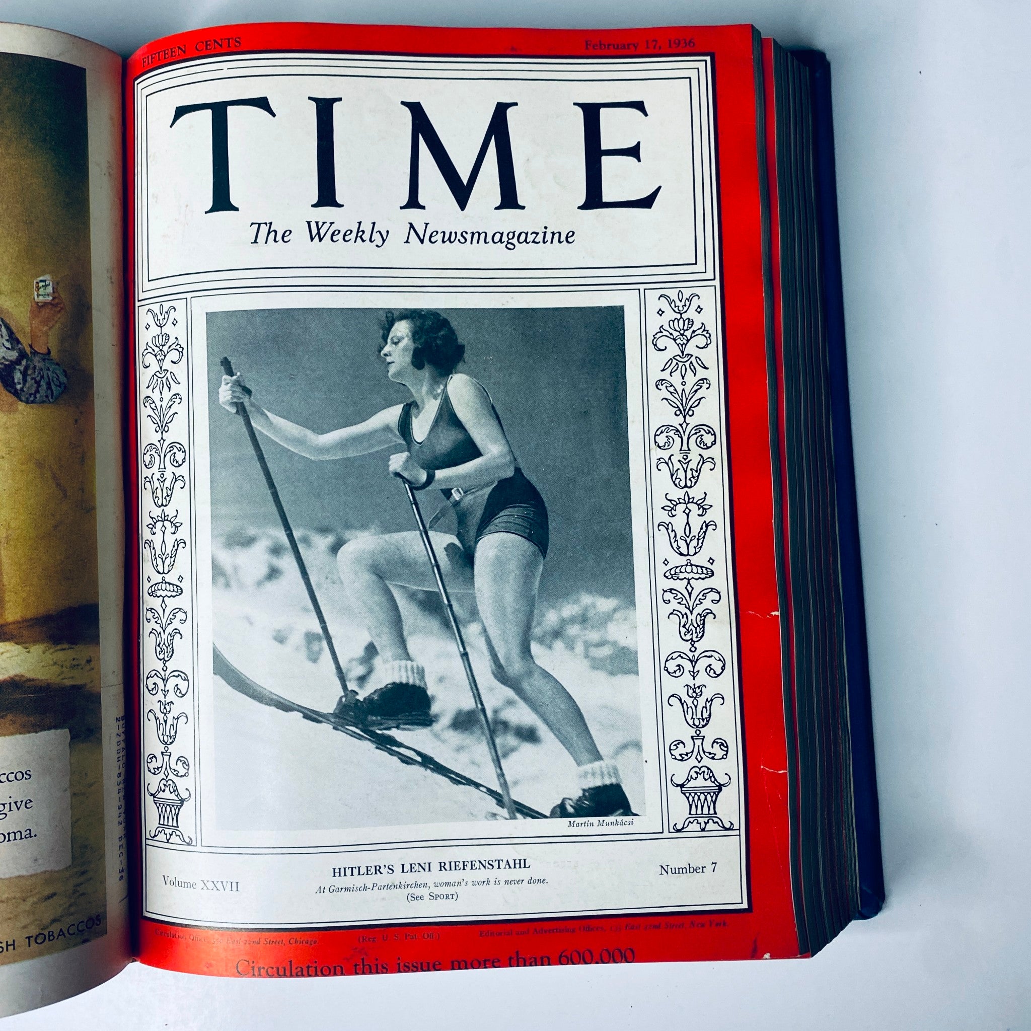 Time Magazine cover showcasing Leni Riefenstahl skiing, from February 17, 1936, part of the Time Library Bound titled 'Time Magazine Library Bound Jan 6-March 30 1936 Haile Selassie Leni Riefensthal'.