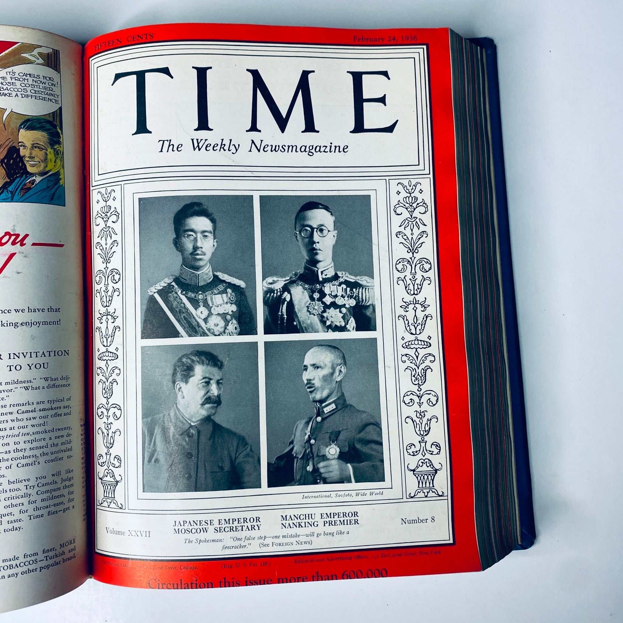 Time Magazine cover featuring four prominent figures including the Japanese Emperor and Stalin from February 24, 1936, part of the Time Library Bound titled 'Time Magazine Library Bound Jan 6-March 30 1936 Haile Selassie Leni Riefensthal'.