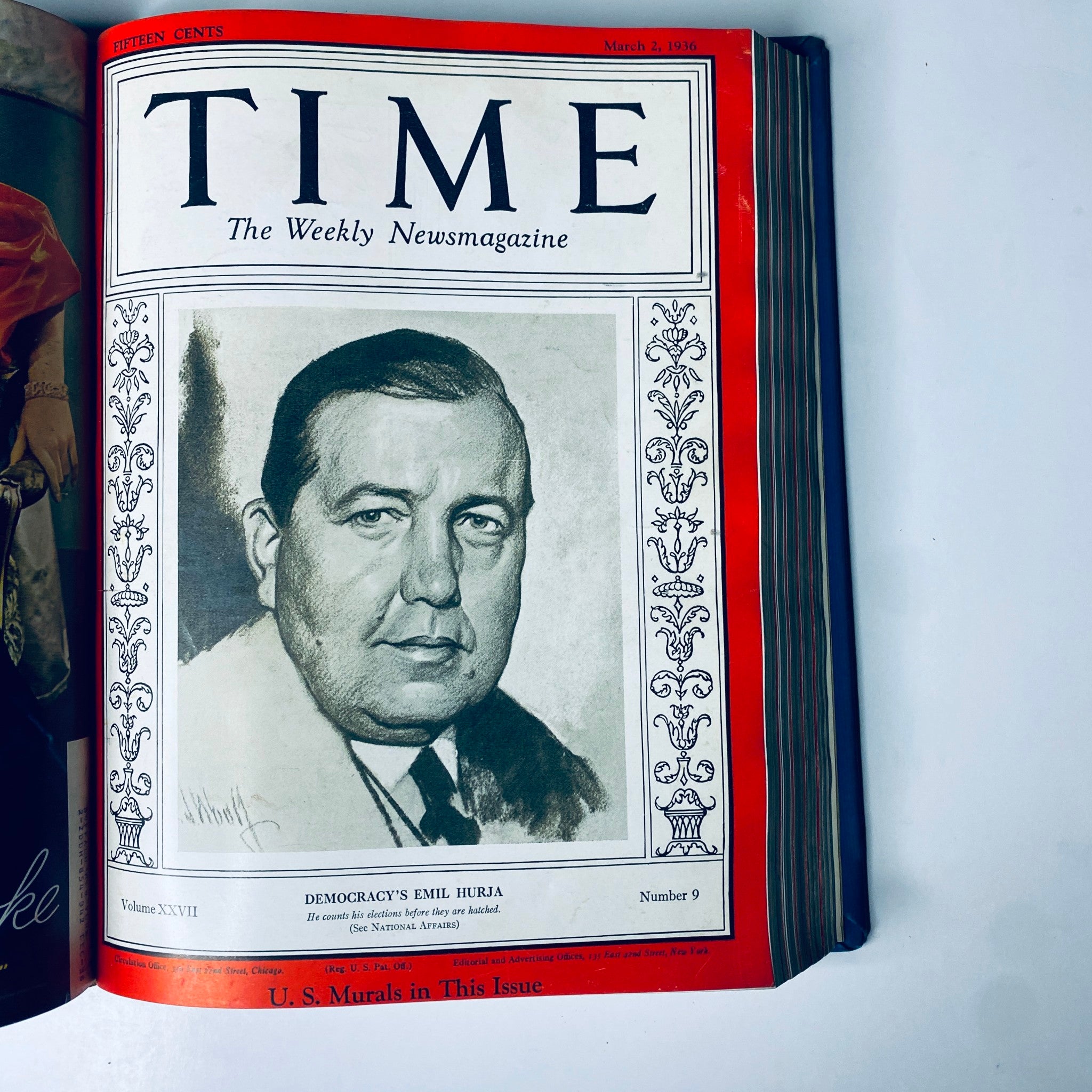 Cover of Time Magazine dated March 2, 1936, featuring Emil Hurja, titled 'Democracy's Emil Hurja' as part of the Time Library Bound collection from January 6 to March 30, 1936.