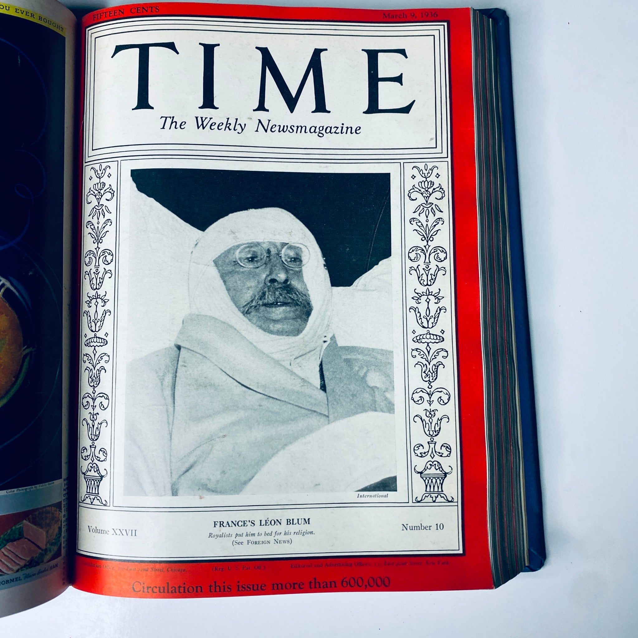 Cover of Time Magazine dated March 9, 1936, featuring Léon Blum with the caption 'France's Léon Blum' as part of the Time Library Bound collection covering January 6 to March 30, 1936.