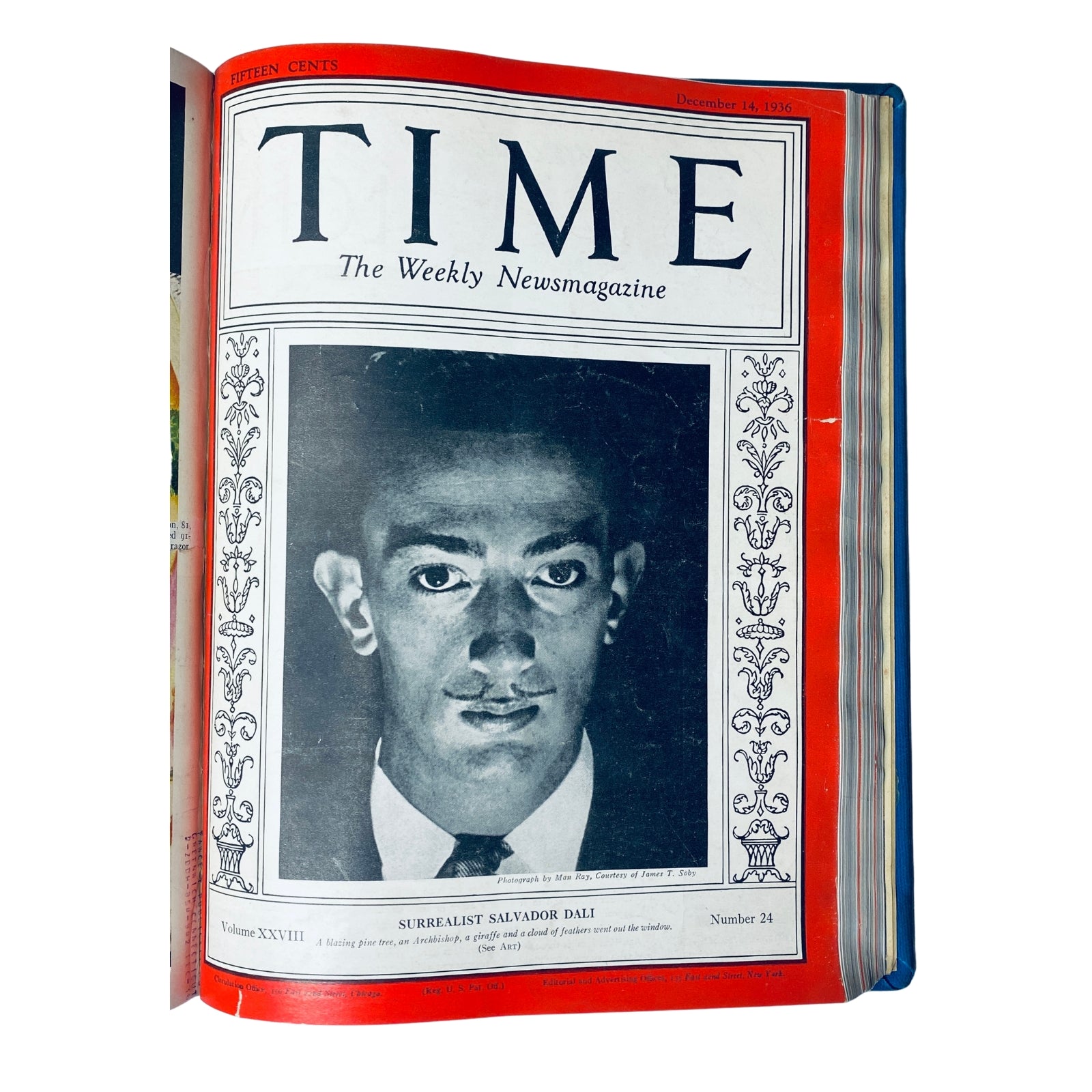 Cover of Time Magazine from December 14, 1936, featuring Surrealist Salvador Dalí, with a black and white portrait and the title 'SURREALIST SALVADOR DALI'. This issue highlights Dalí's impact on the art world.