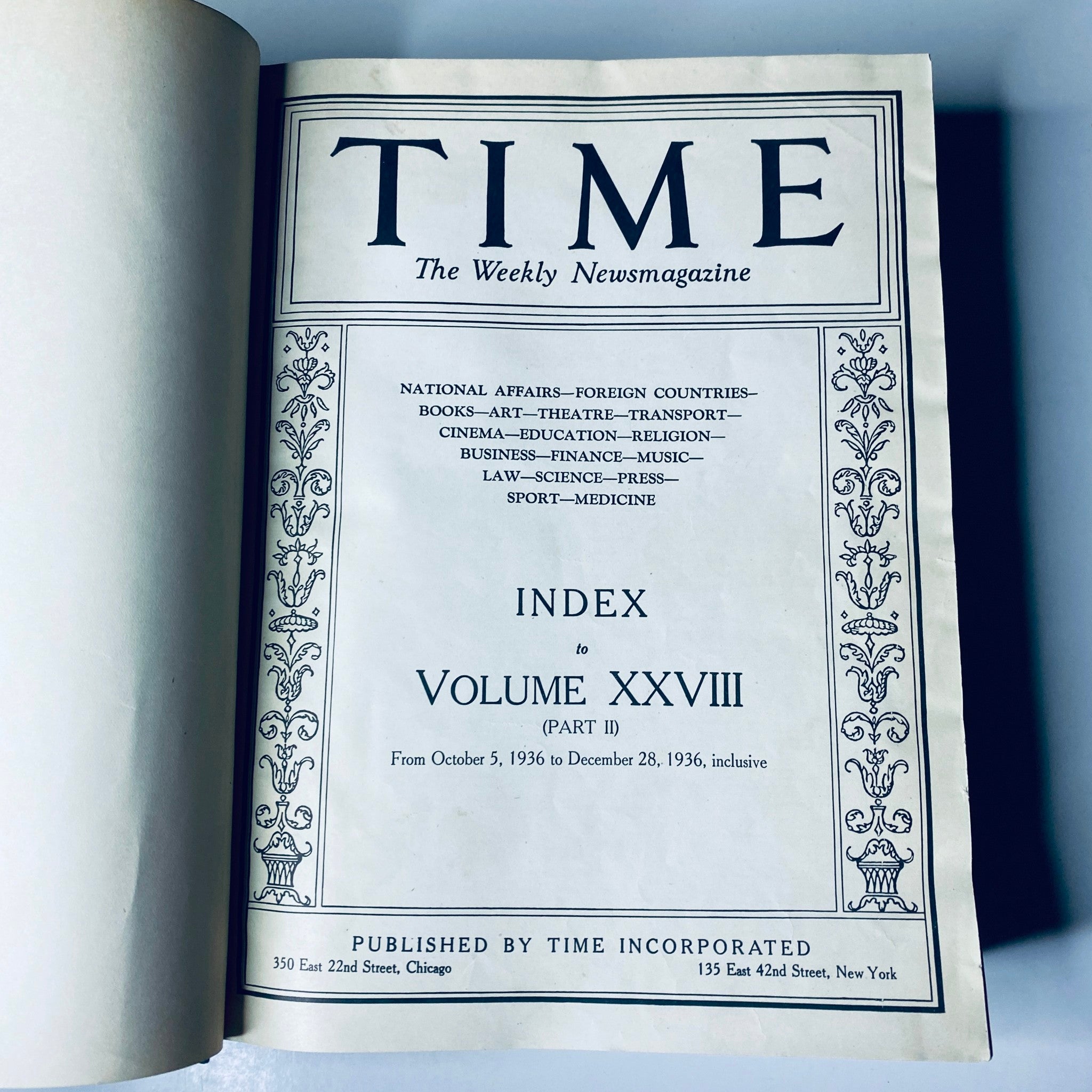 Index page of Time Magazine Library Bound Volume XXVIII for October 5 to December 28, 1936, featuring national affairs, foreign countries, and various cultural topics.