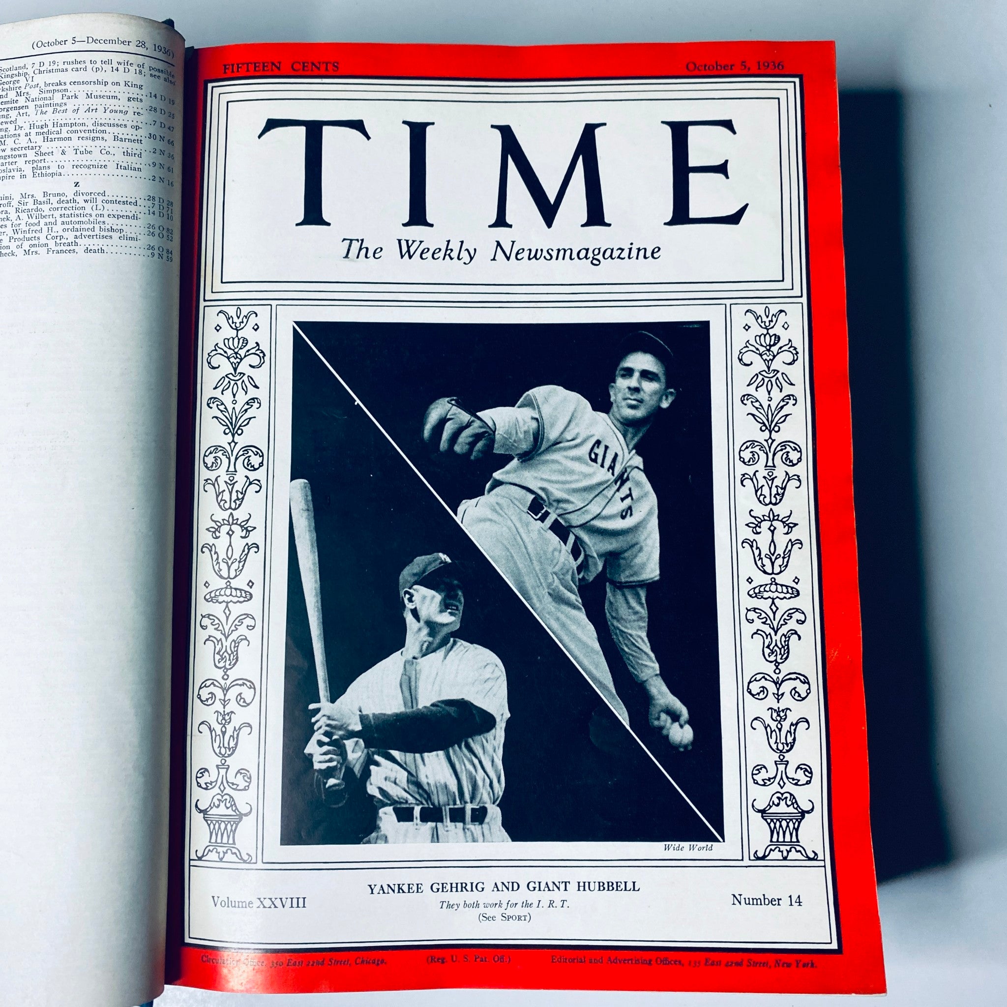 Cover of Time Magazine from October 5, 1936, showcasing baseball legends Yankee Gehrig and Giant Hubbell, featuring their action shots and the title 'YANKEE GEHRIG AND GIANT HUBBELL'. This edition captures key moments from the baseball season.