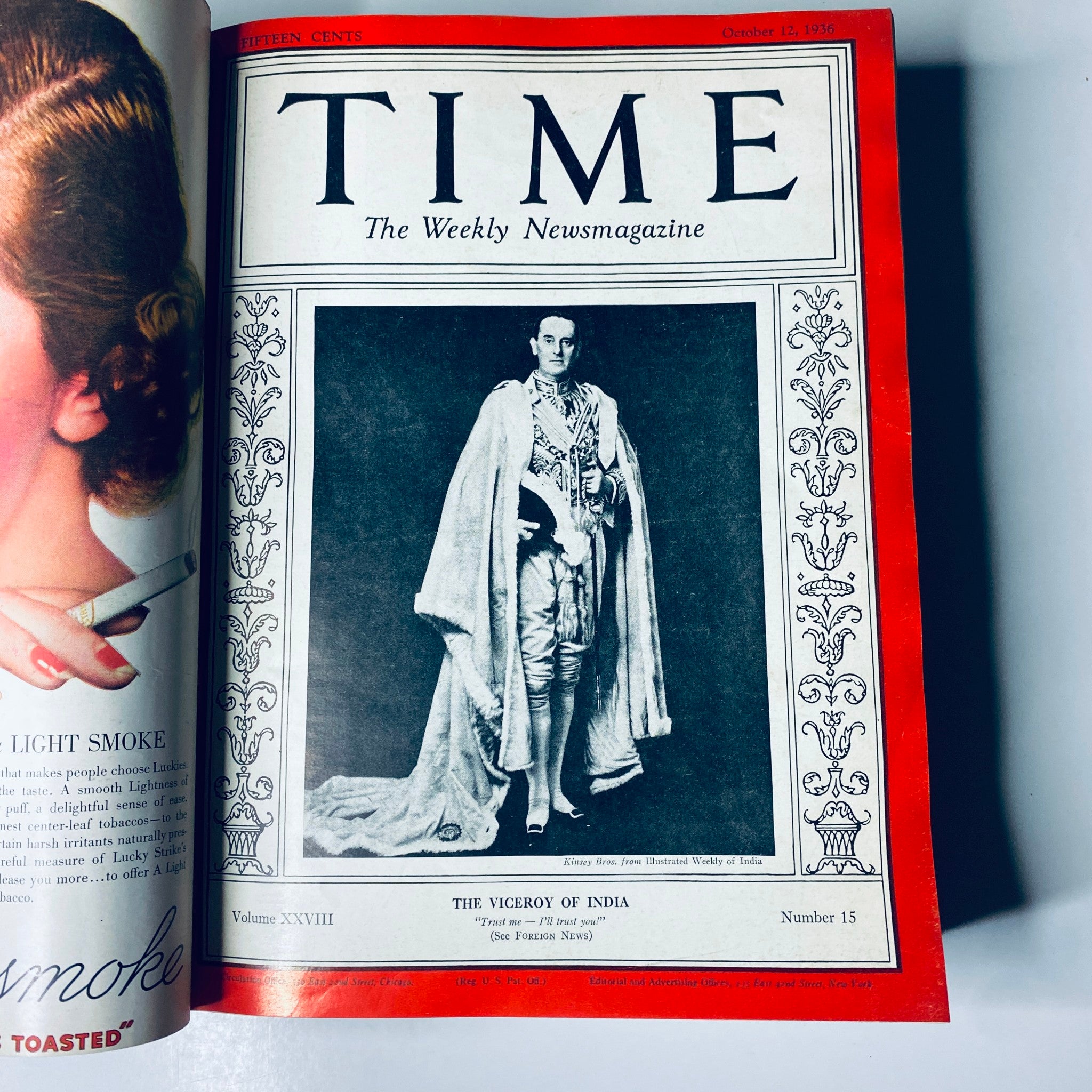 Cover of Time Magazine dated October 12, 1936, showcasing the Viceroy of India, as part of the Library Bound Volume XXVIII.
