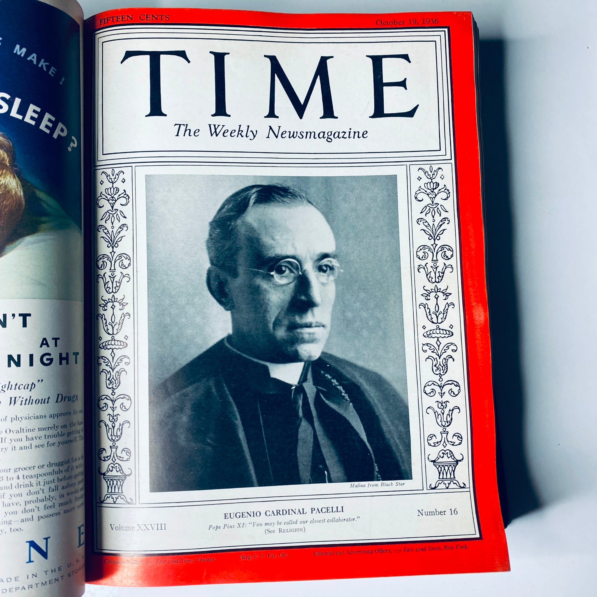 Cover of Time Magazine dated October 19, 1936, featuring Eugenio Cardinal Pacelli, included in the Library Bound Volume XXVIII.