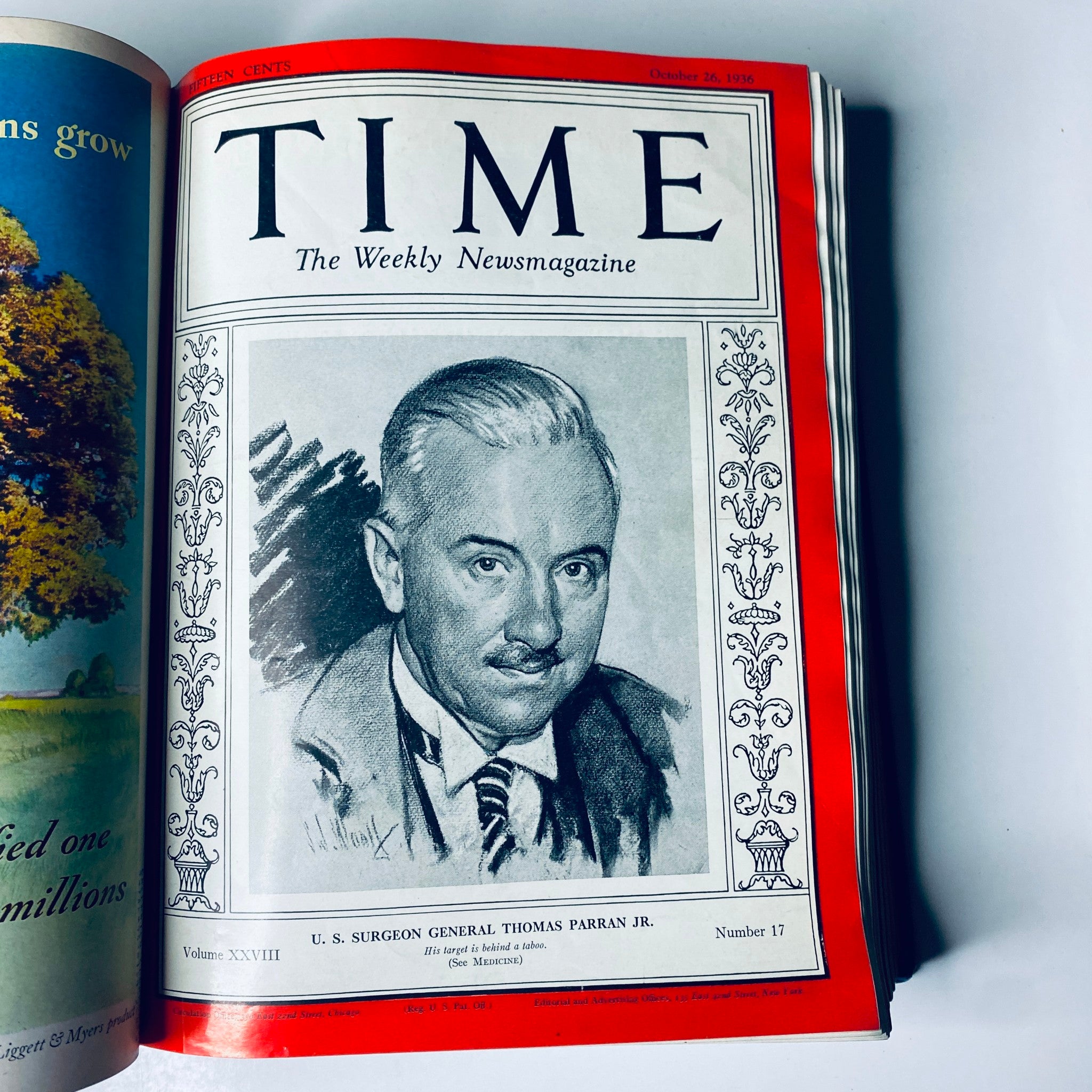 Cover of Time Magazine dated October 26, 1936, highlighting U.S. Surgeon General Thomas Parran Jr., featured in the Library Bound Volume XXVIII.